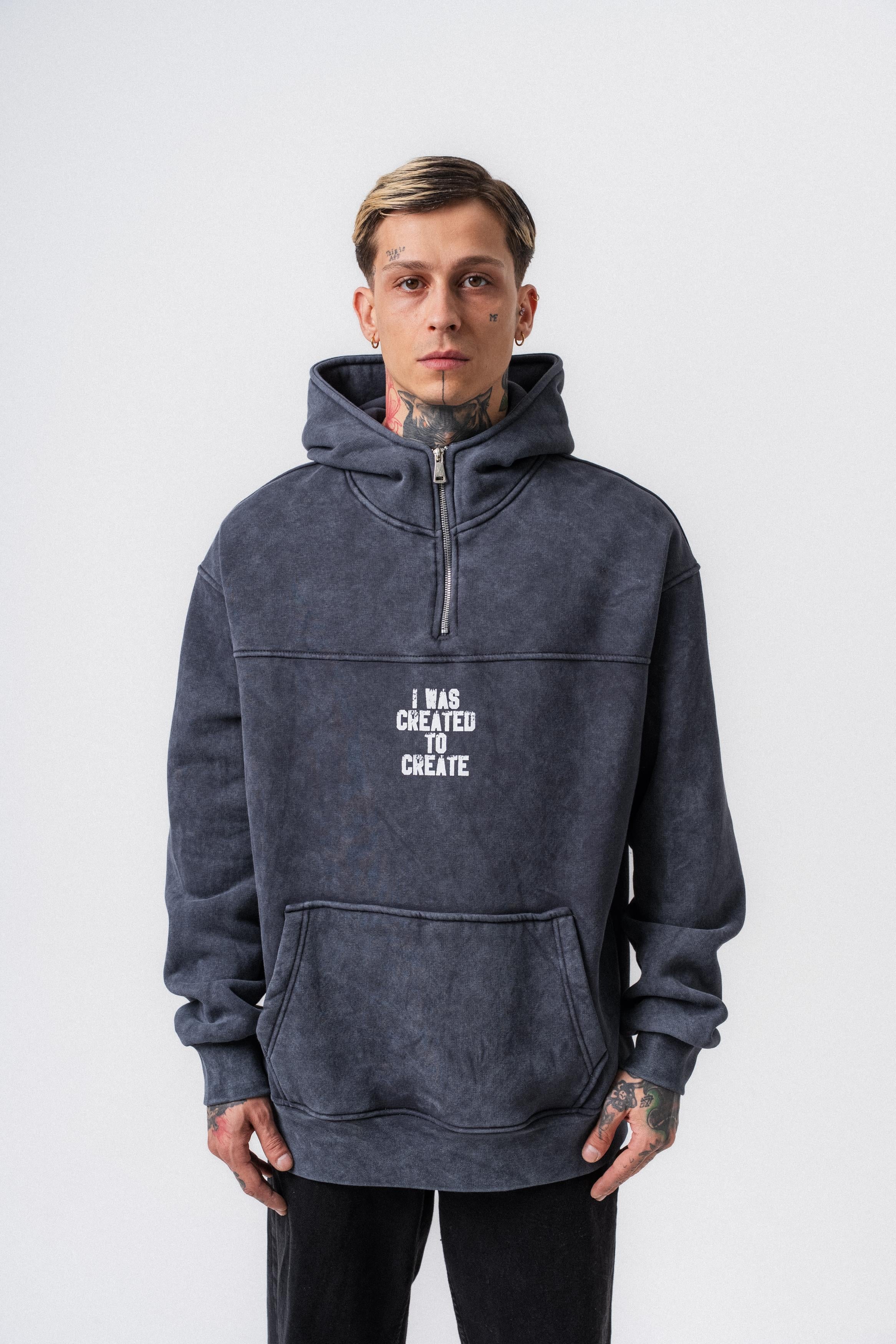 Erkek Create Baskılı Kapüşonlu Oversize Hoodie Füme