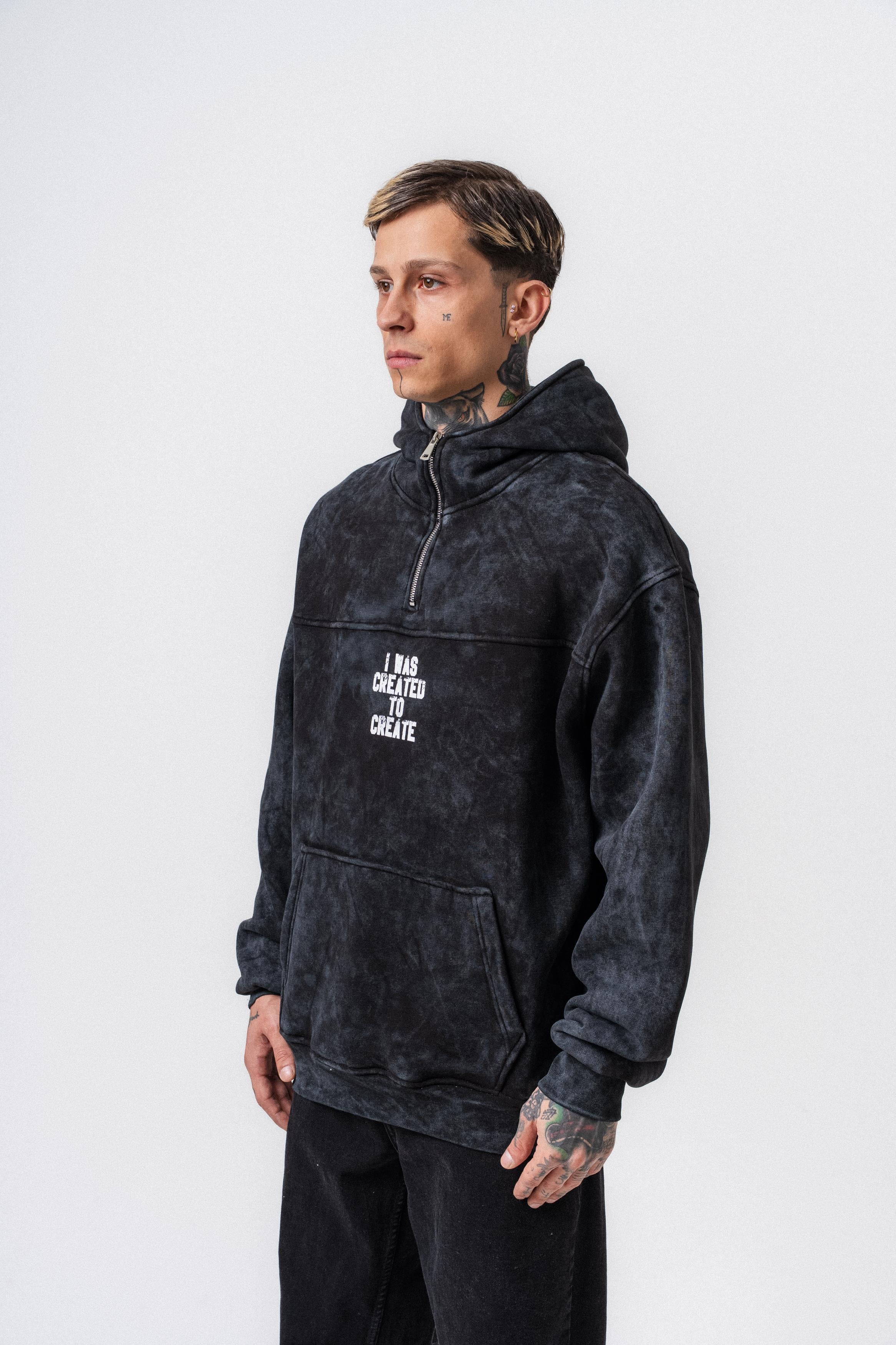 Erkek Create Baskılı Kapüşonlu Oversize Hoodie Siyah