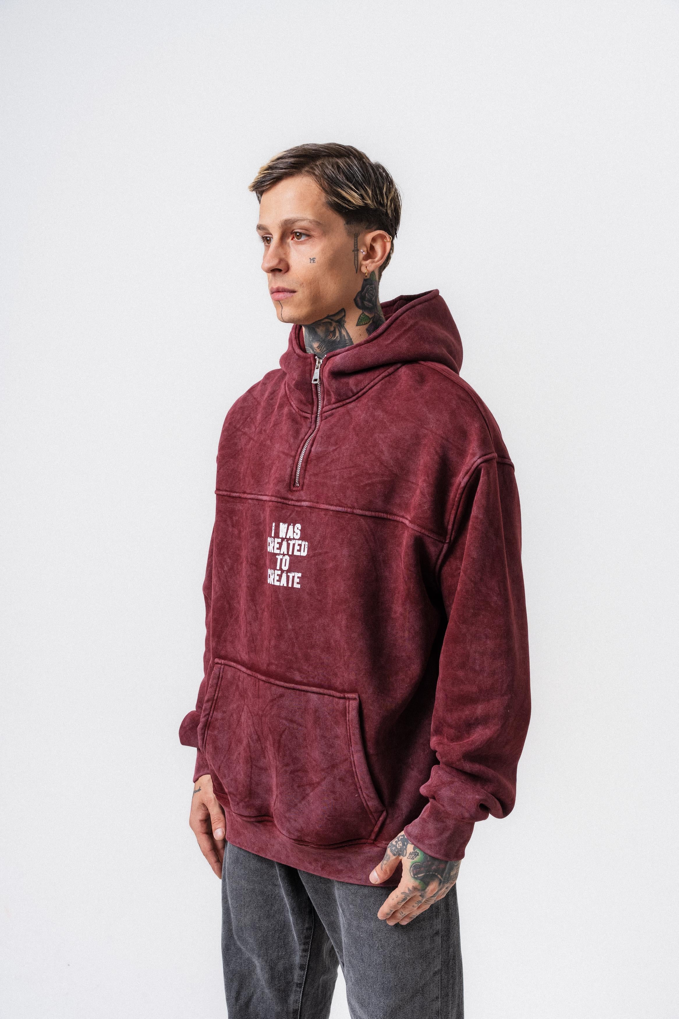 Erkek Create Baskılı Kapüşonlu Oversize Hoodie Bordo