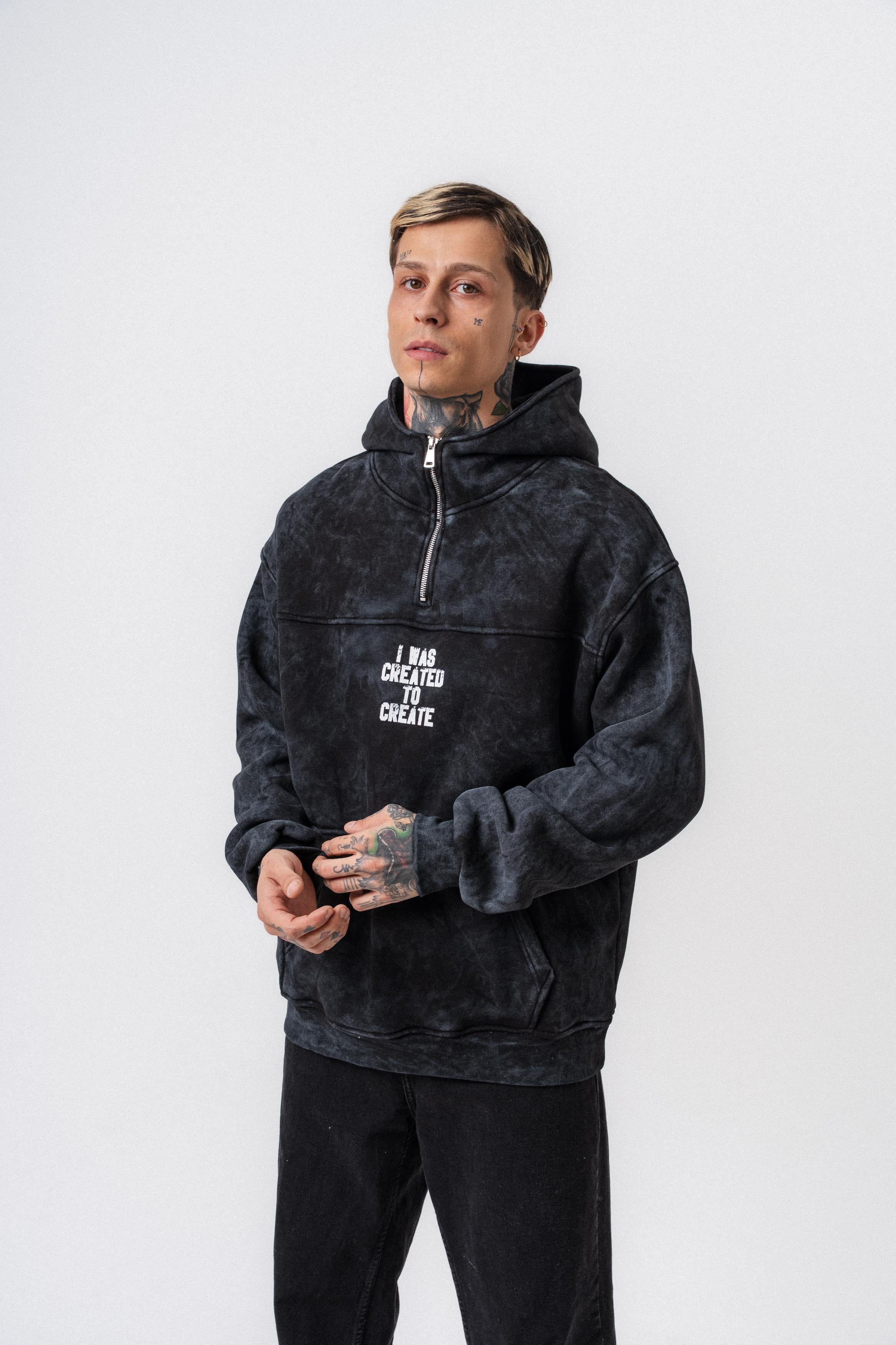 Erkek Create Baskılı Kapüşonlu Oversize Hoodie Siyah