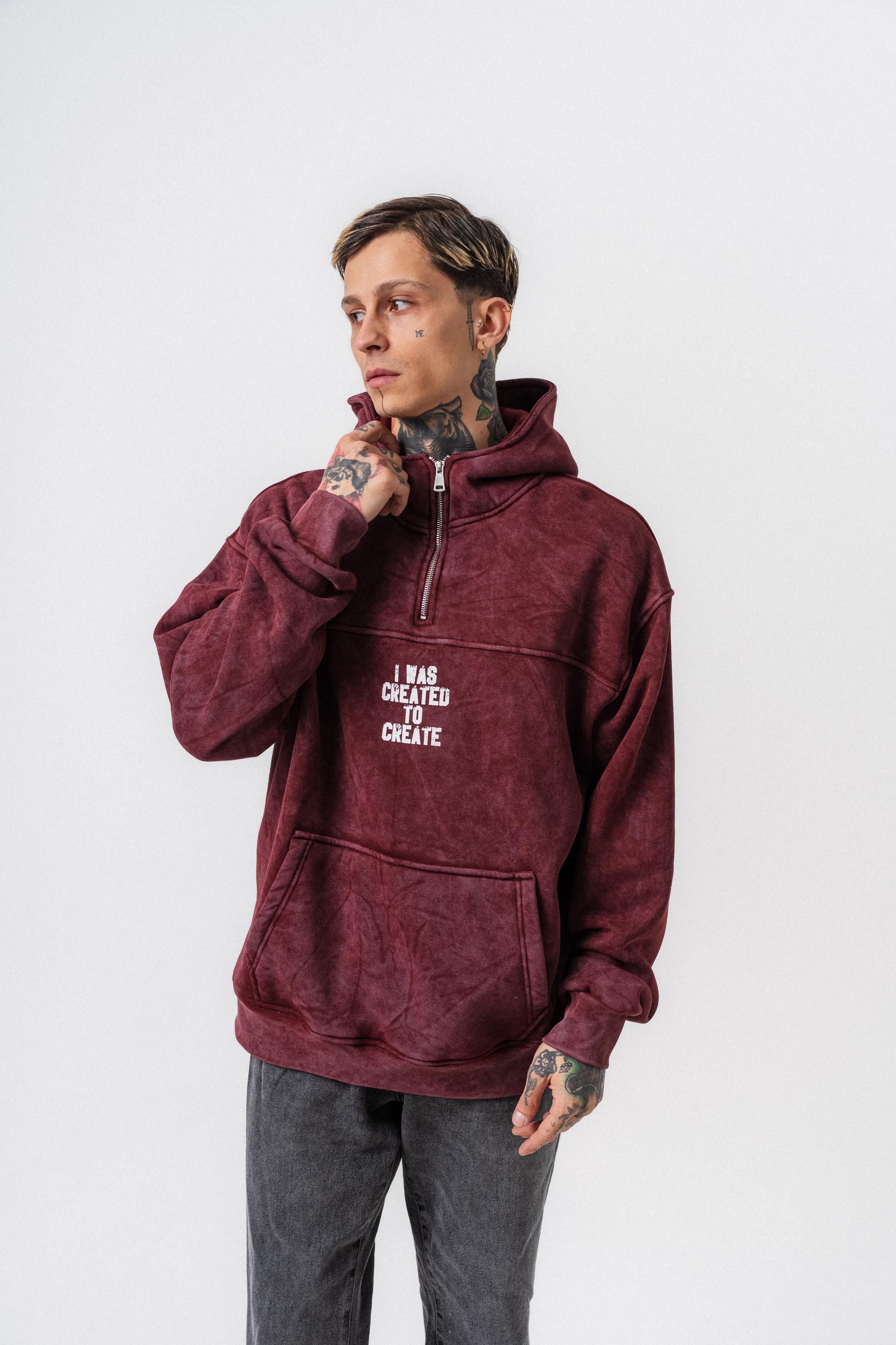 Erkek Create Baskılı Kapüşonlu Oversize Hoodie Bordo