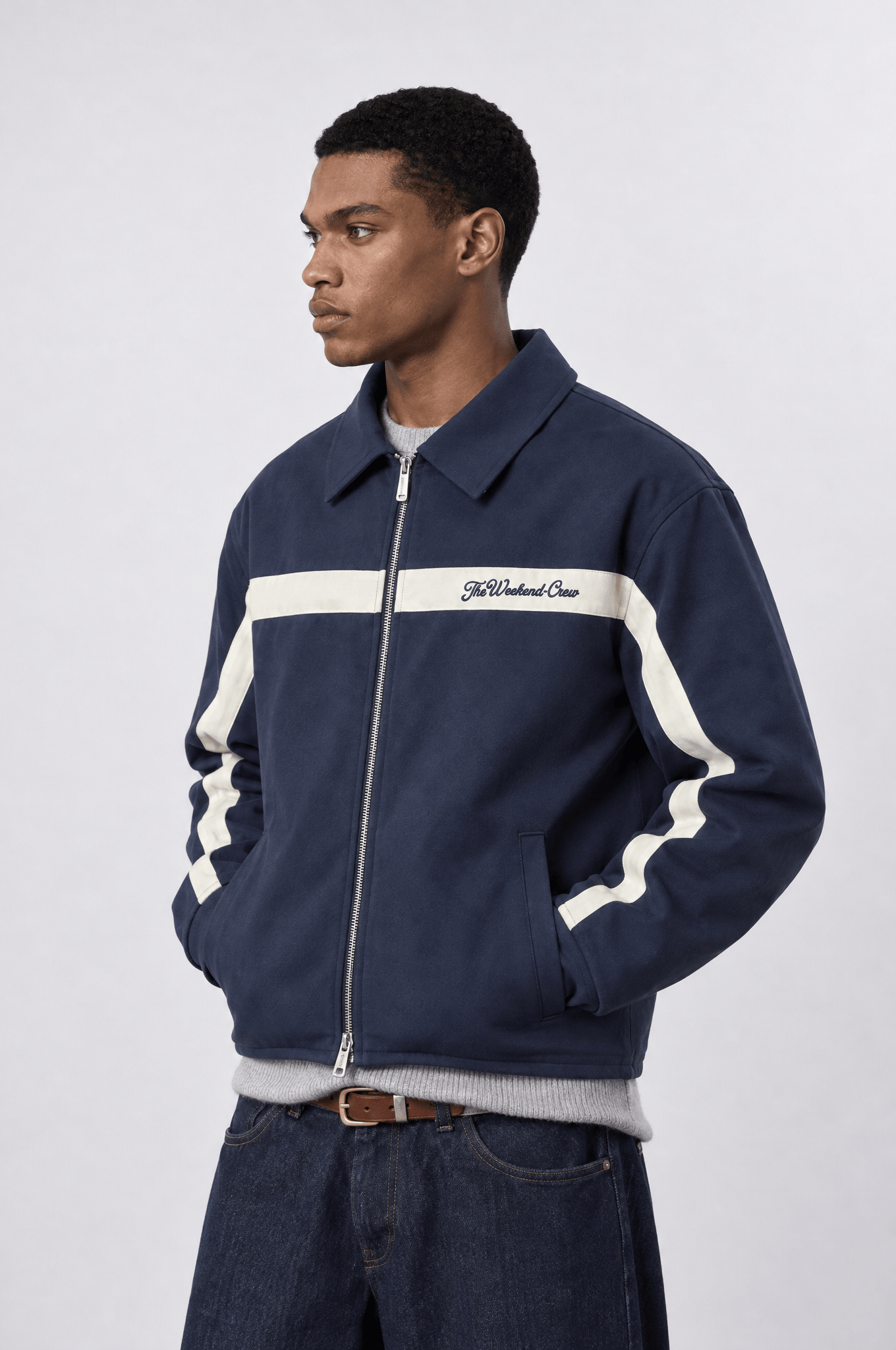 Erkek Crew Nakış Detaylı Oversize Ceket Lacivert