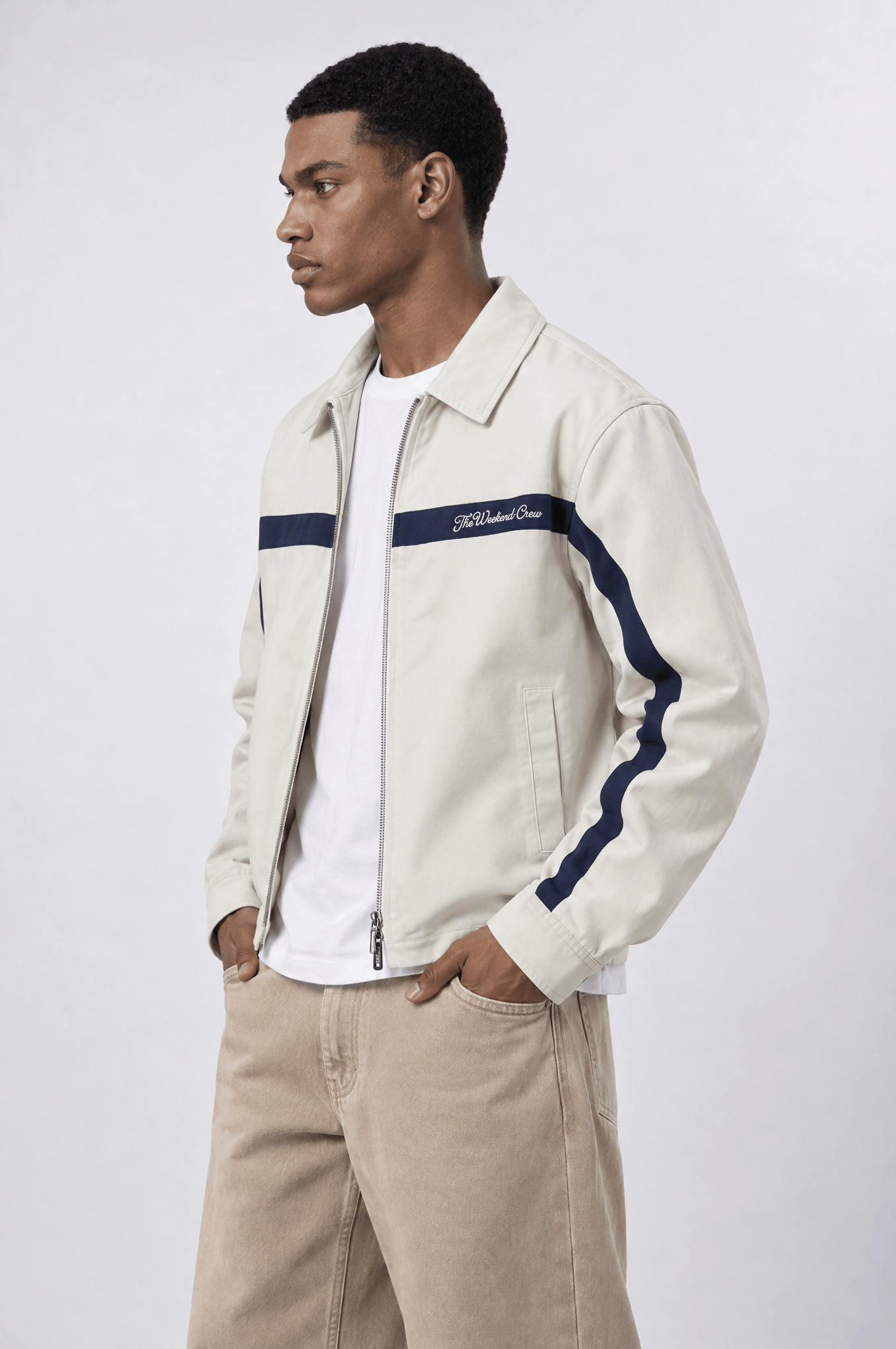 Erkek Crew Nakış Detaylı Oversize Ceket Bej