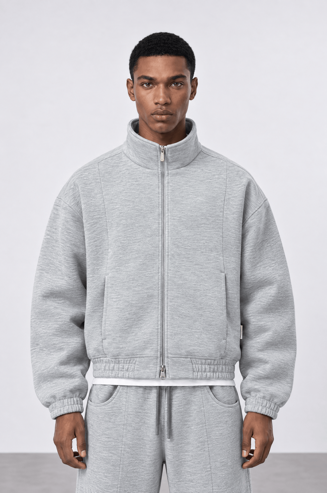 Erkek Crop Fit Panda Oversize Zip Gri Melanj