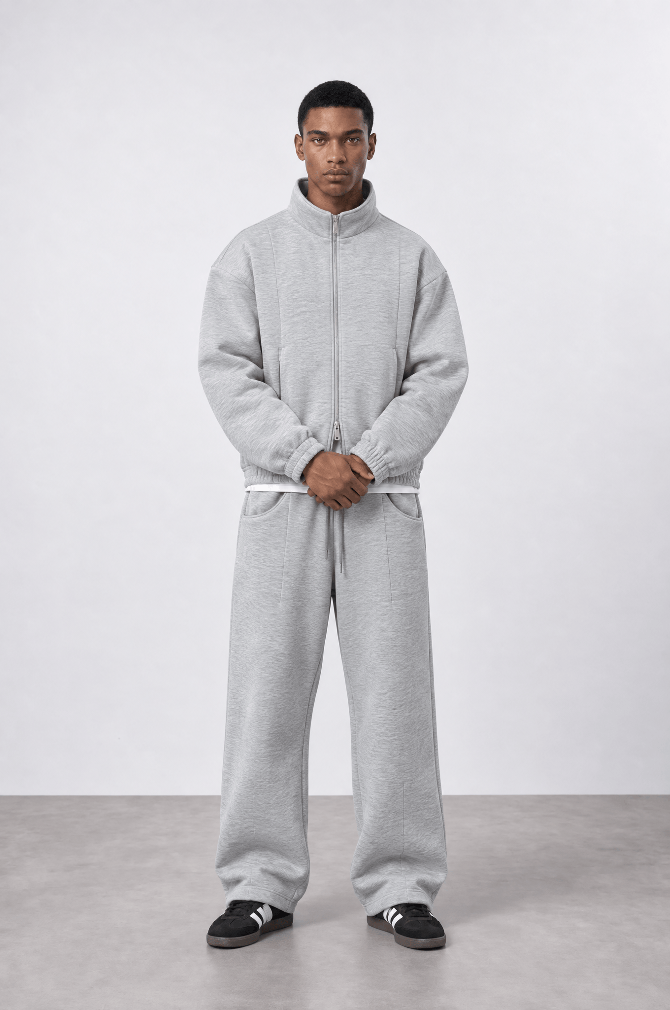 Erkek Crop Fit Panda Oversize Zip Gri Melanj