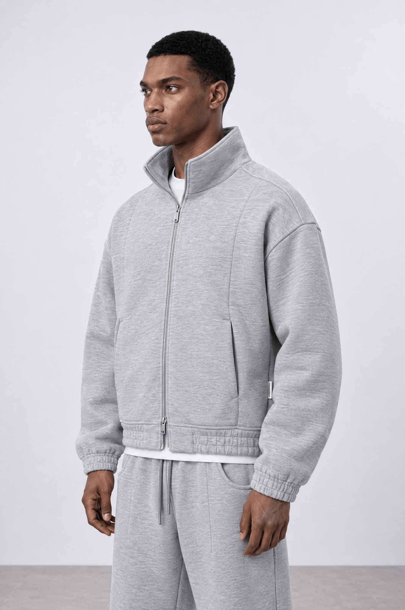 Erkek Crop Fit Panda Oversize Zip Gri Melanj