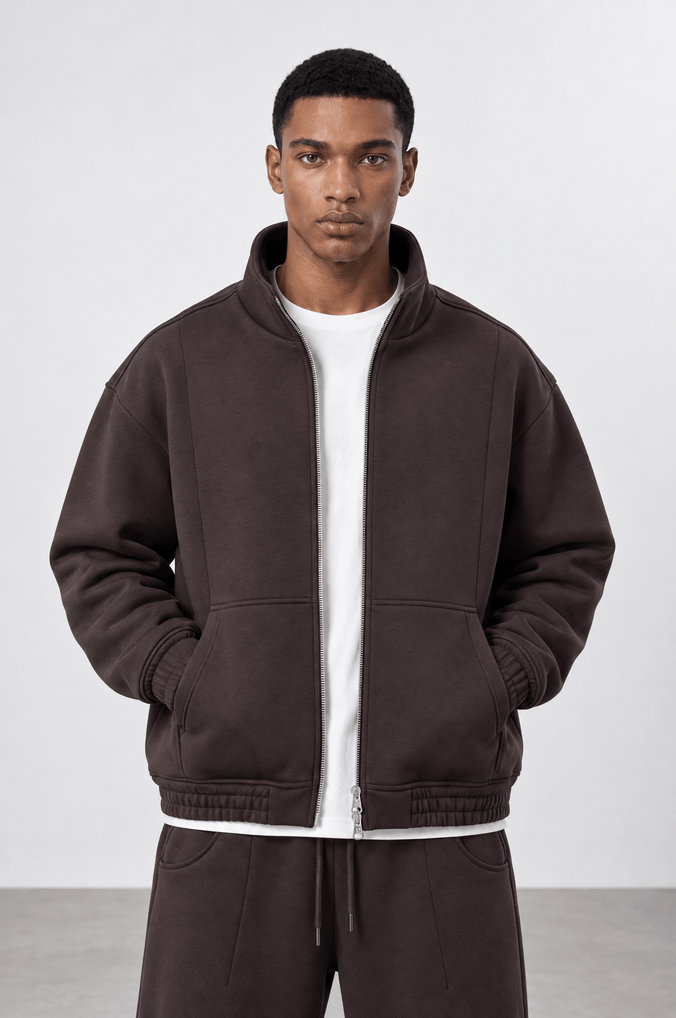 Erkek Crop Fit Panda Oversize Zip Kahve