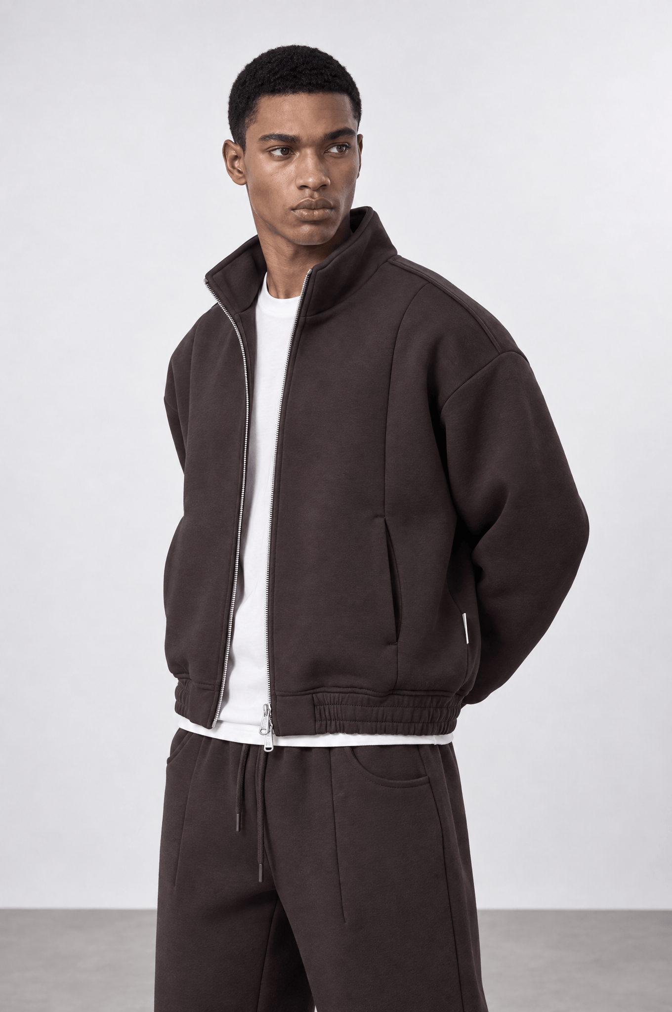 Erkek Crop Fit Panda Oversize Zip Kahve