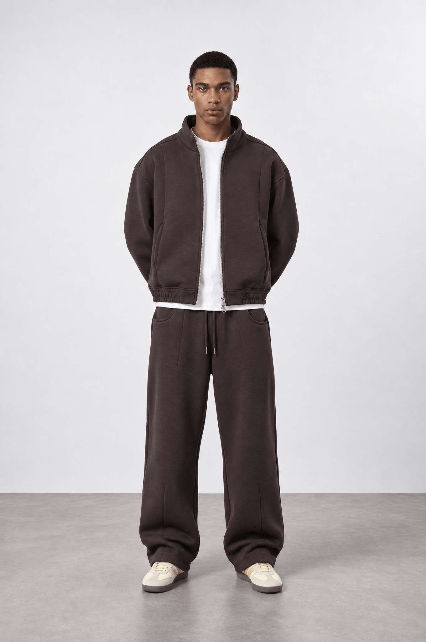 Erkek Crop Fit Panda Oversize Zip Kahve