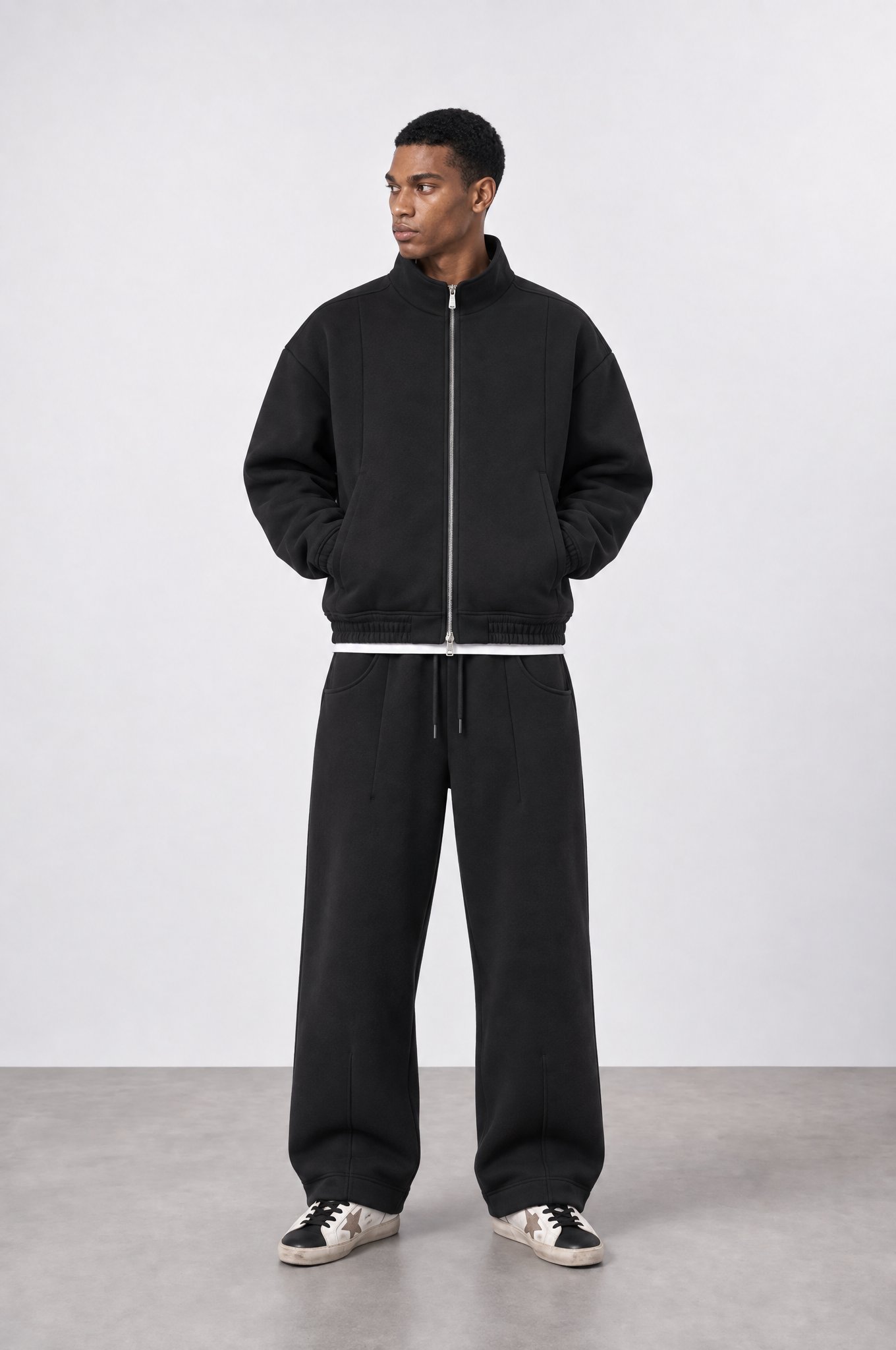 Erkek Crop Fit Panda Oversize Zip Siyah