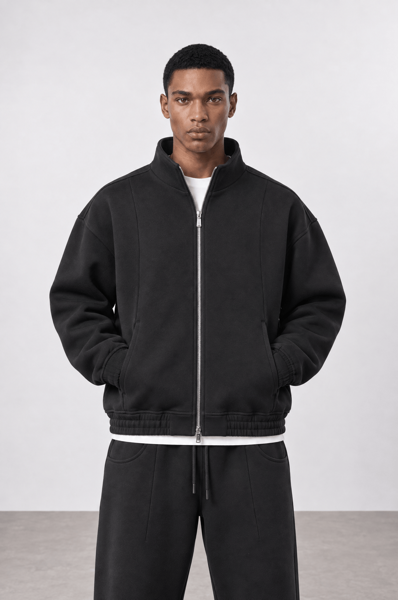 Erkek Crop Fit Panda Oversize Zip Siyah