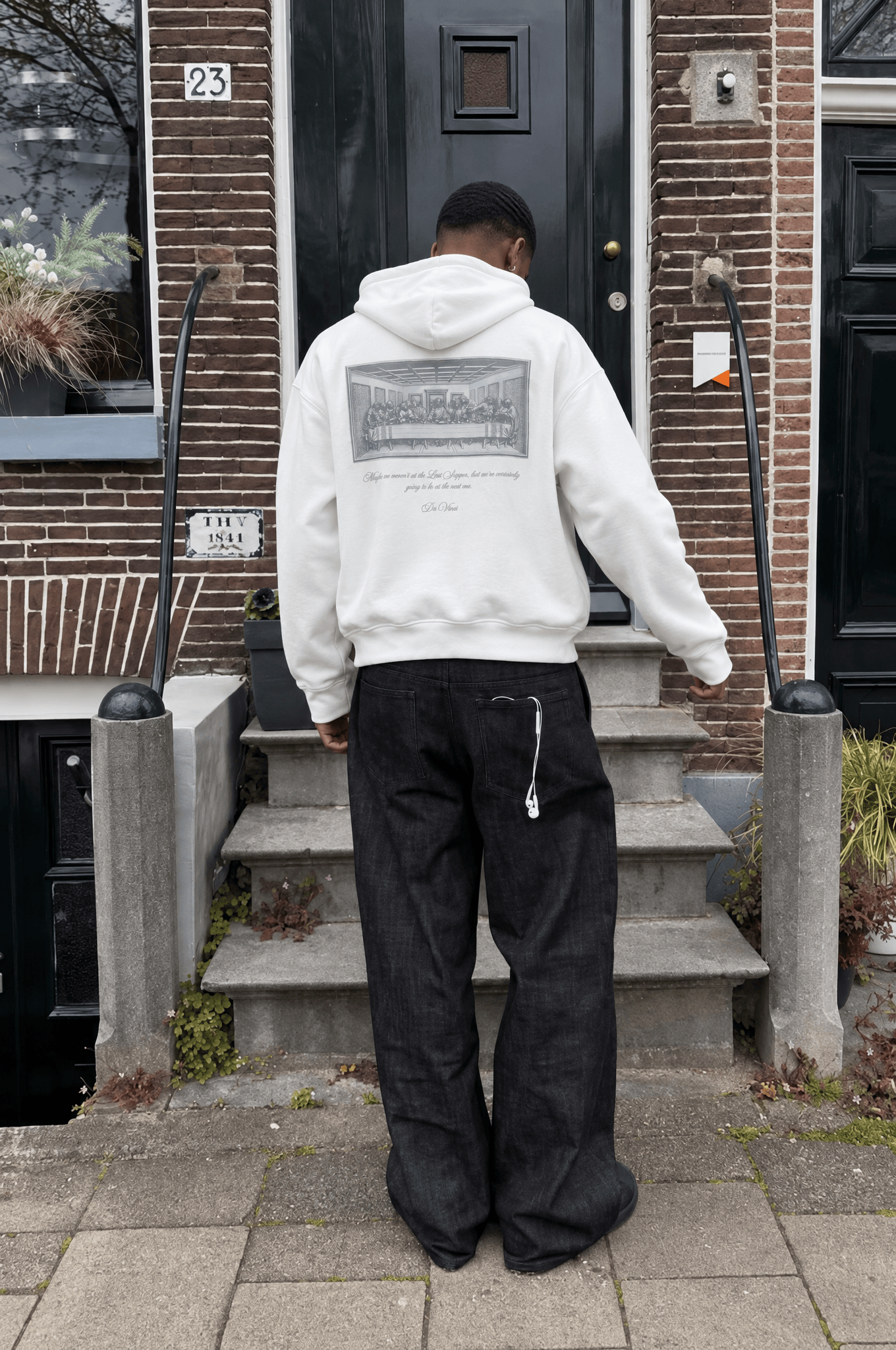 Erkek Da Vinci Baskı Detaylı Oversize Hoodie Ekru
