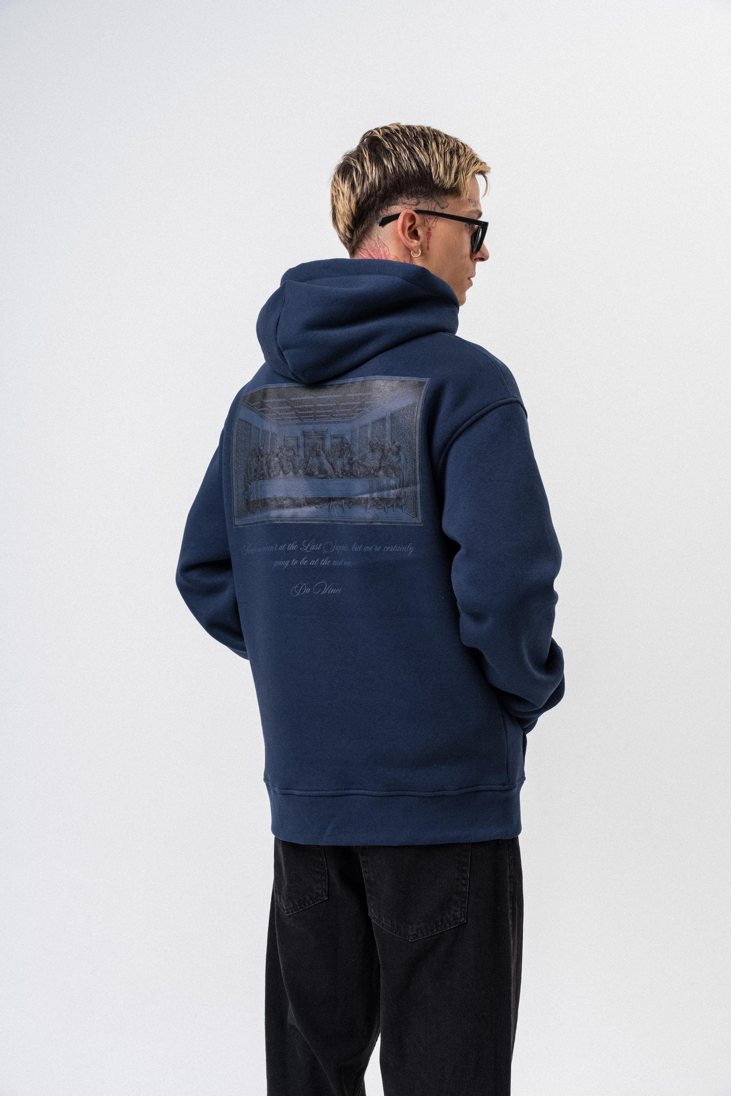 Erkek Da Vinci Baskılı Kapüşonlu Oversize Hoodie Lacivert