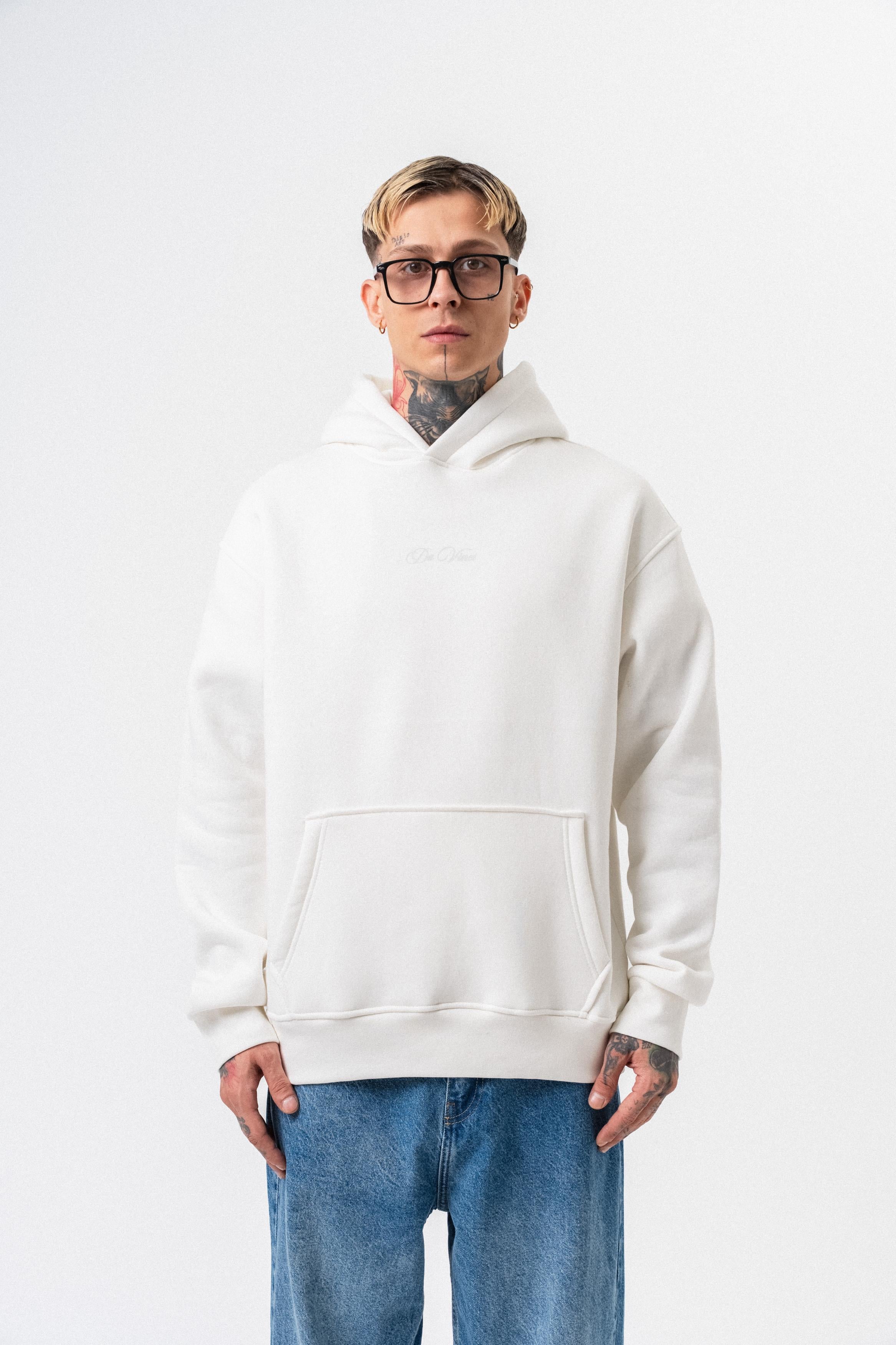 Erkek Da Vinci Baskılı Kapüşonlu Oversize Hoodie Ekru