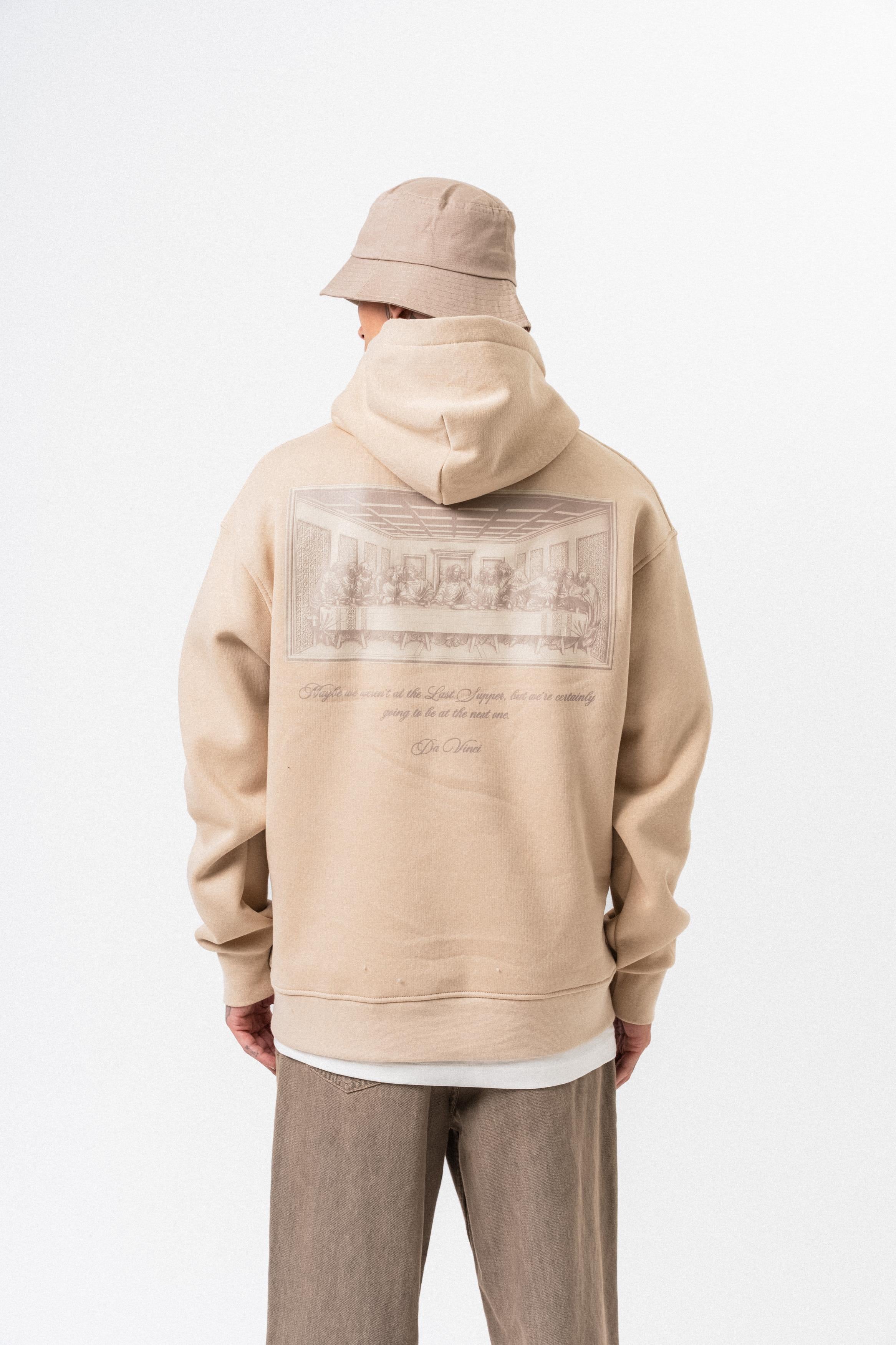 Erkek Da Vinci Baskılı Kapüşonlu Oversize Hoodie Bej