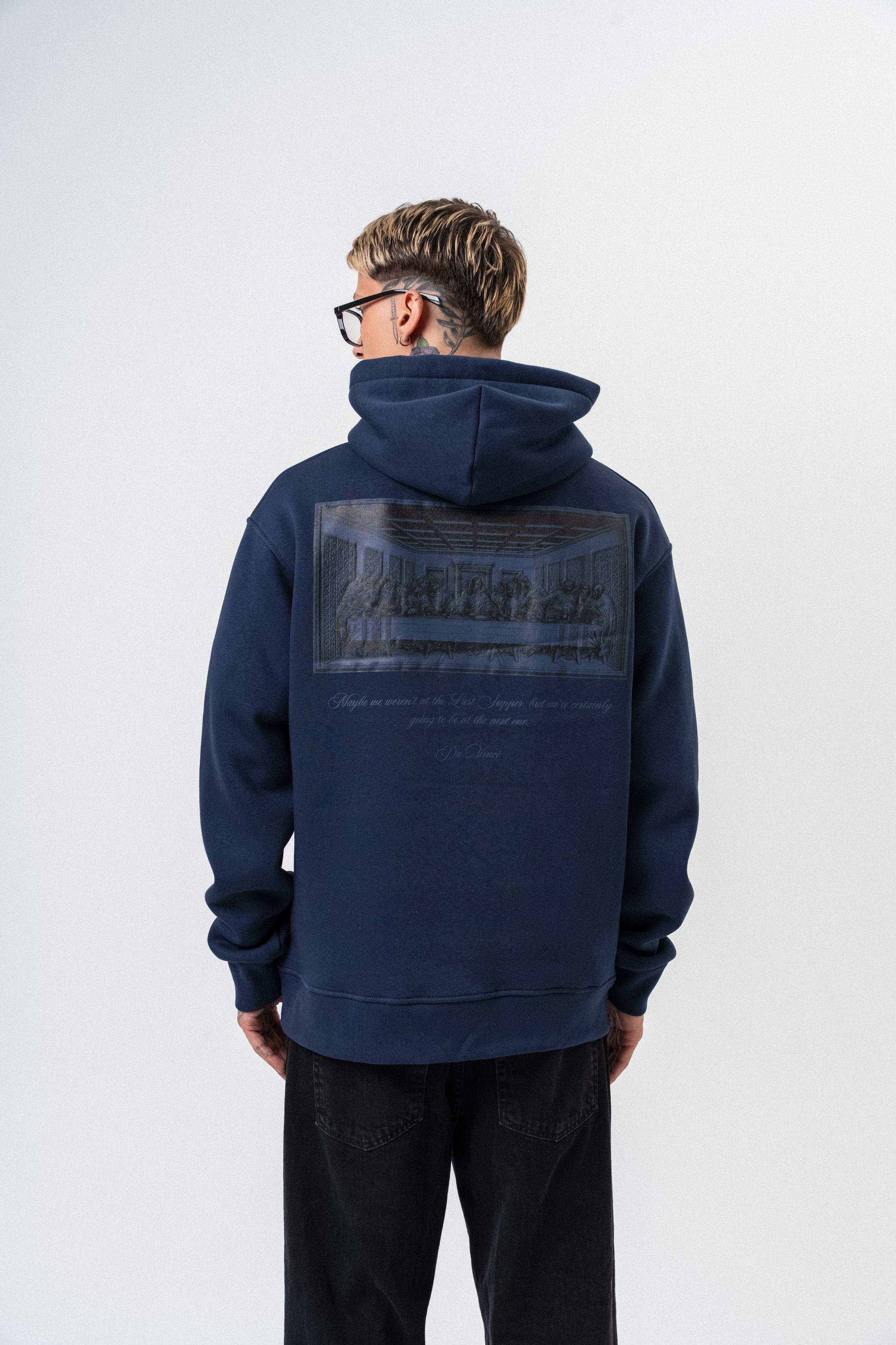 Erkek Da Vinci Baskılı Kapüşonlu Oversize Hoodie Lacivert