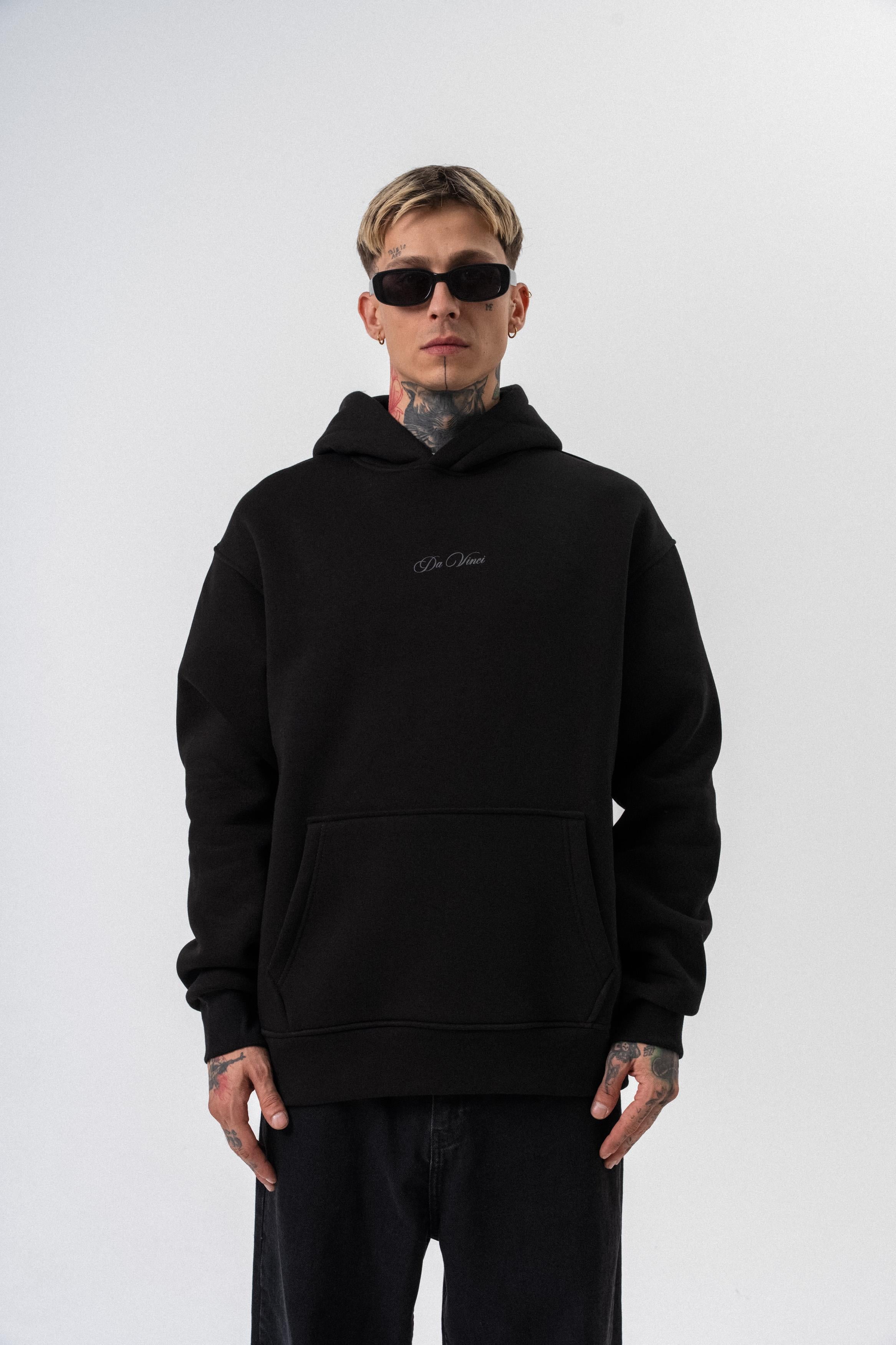 Erkek Da Vinci Baskılı Kapüşonlu Oversize Hoodie Siyah