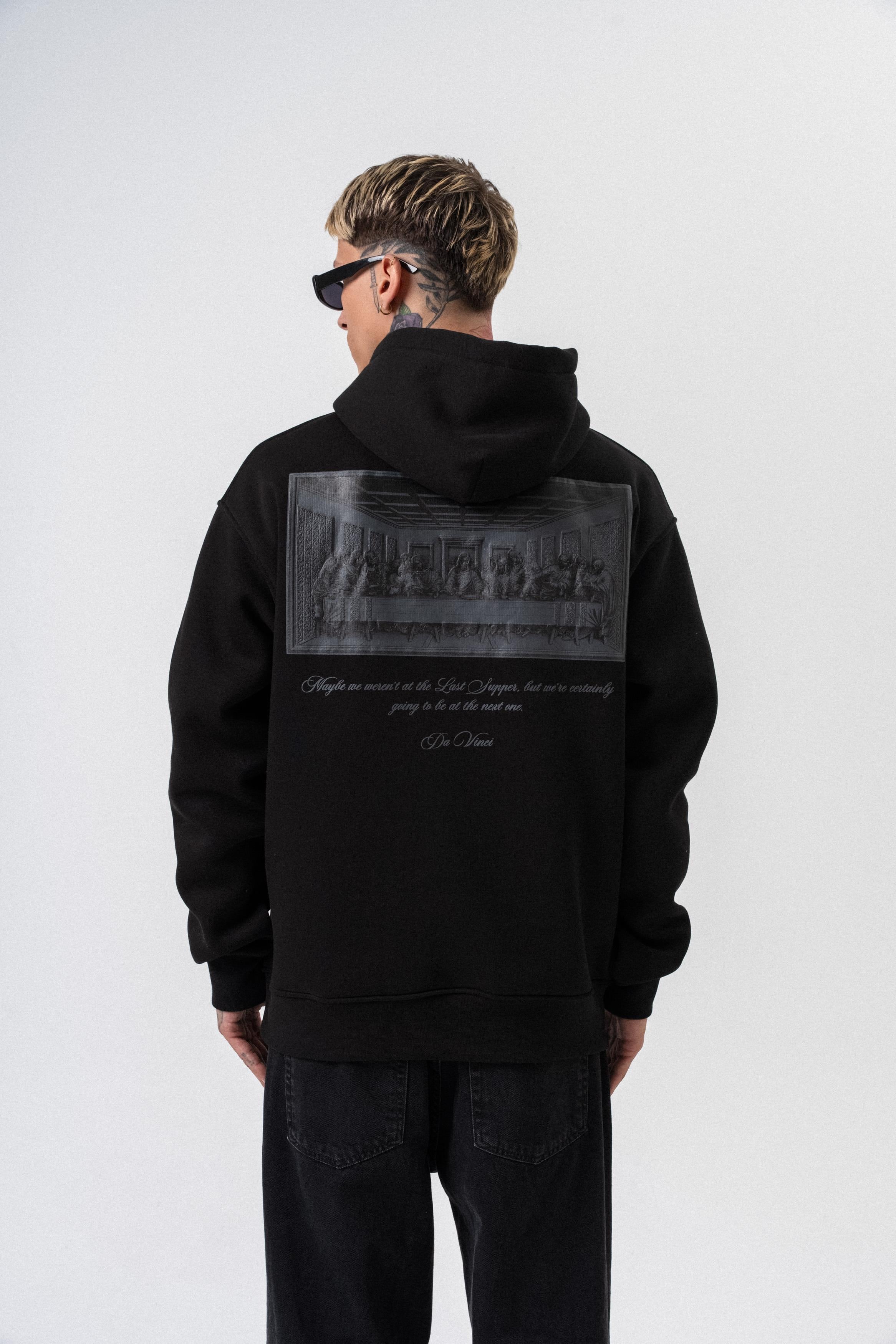 Erkek Da Vinci Baskılı Kapüşonlu Oversize Hoodie Siyah