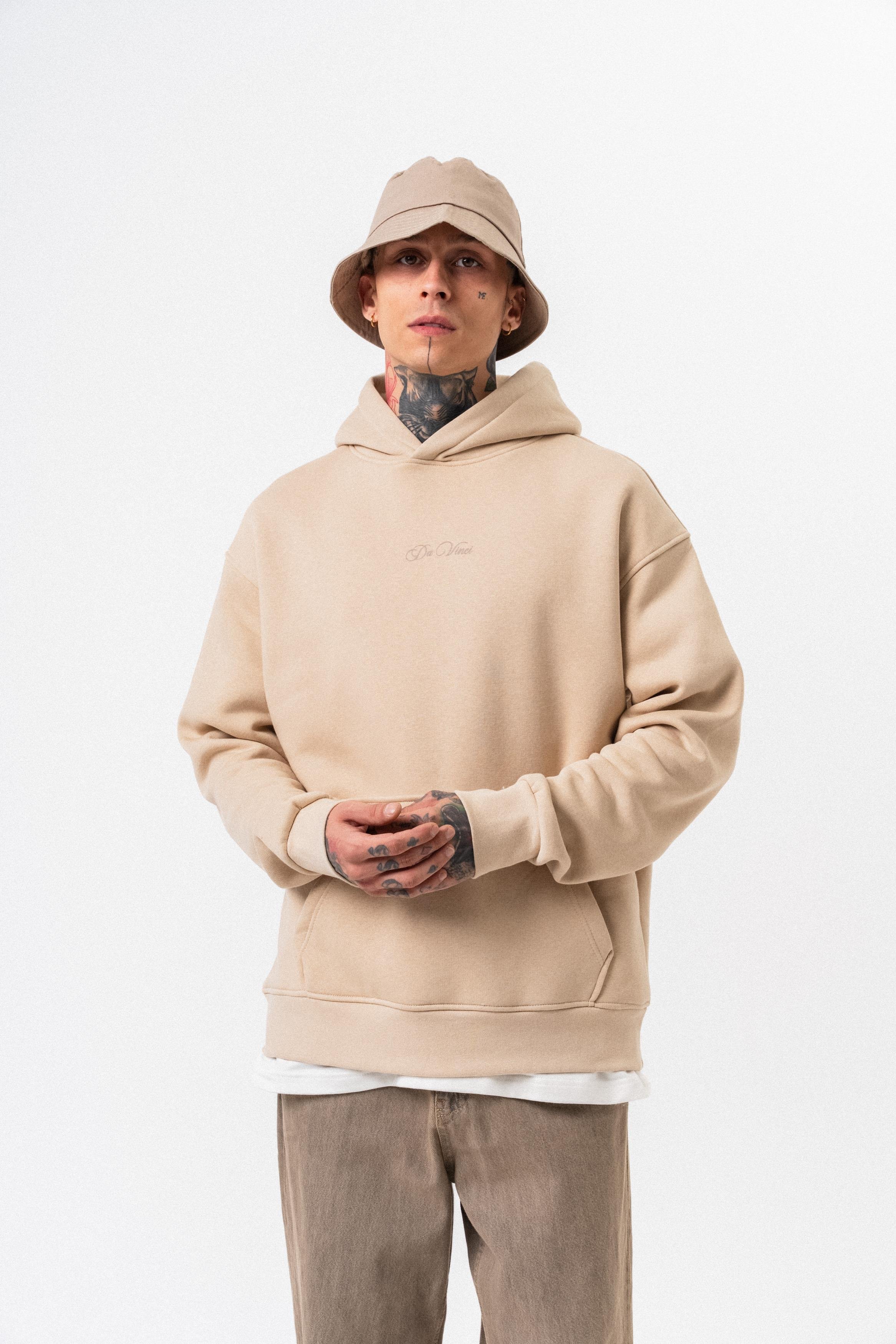 Erkek Da Vinci Baskılı Kapüşonlu Oversize Hoodie Bej