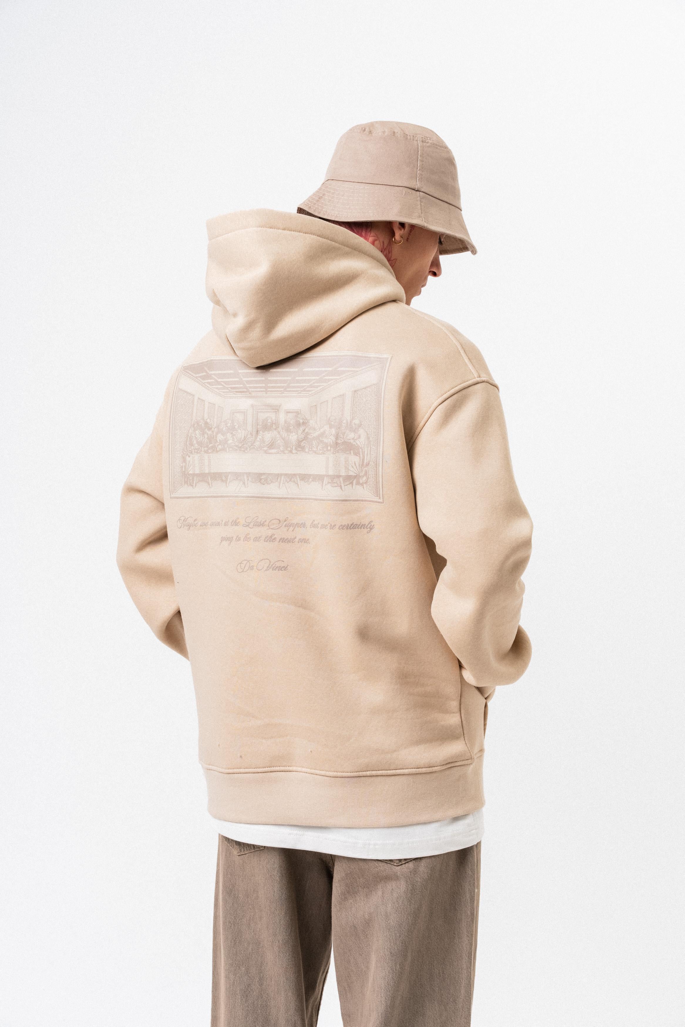 Erkek Da Vinci Baskılı Kapüşonlu Oversize Hoodie Bej