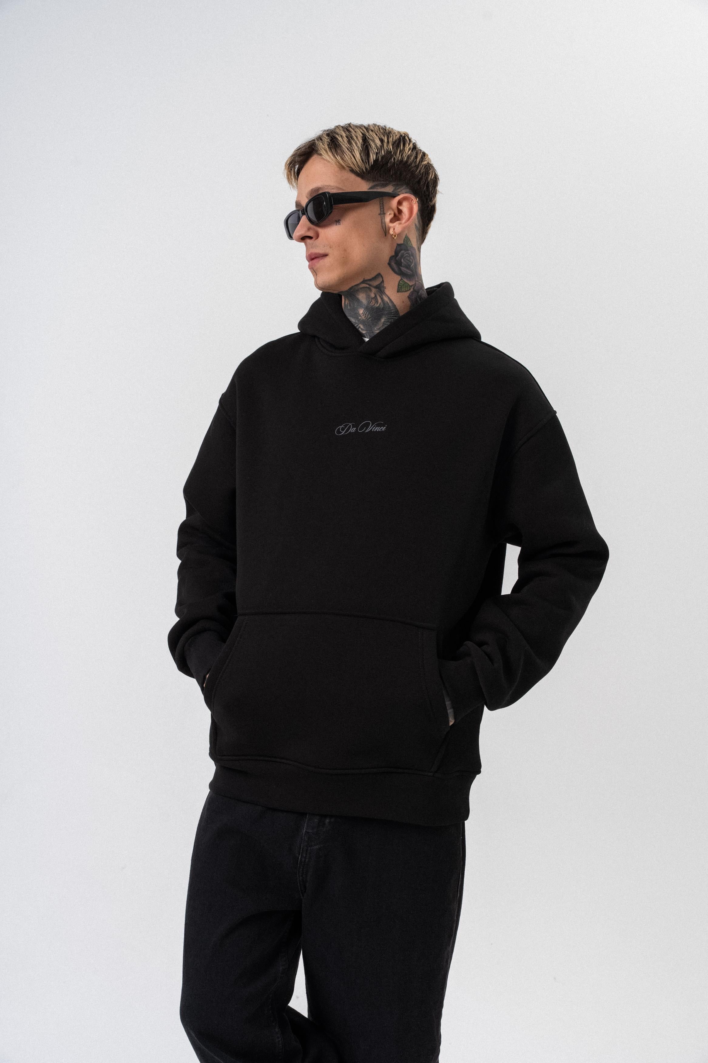 Erkek Da Vinci Baskılı Kapüşonlu Oversize Hoodie Siyah