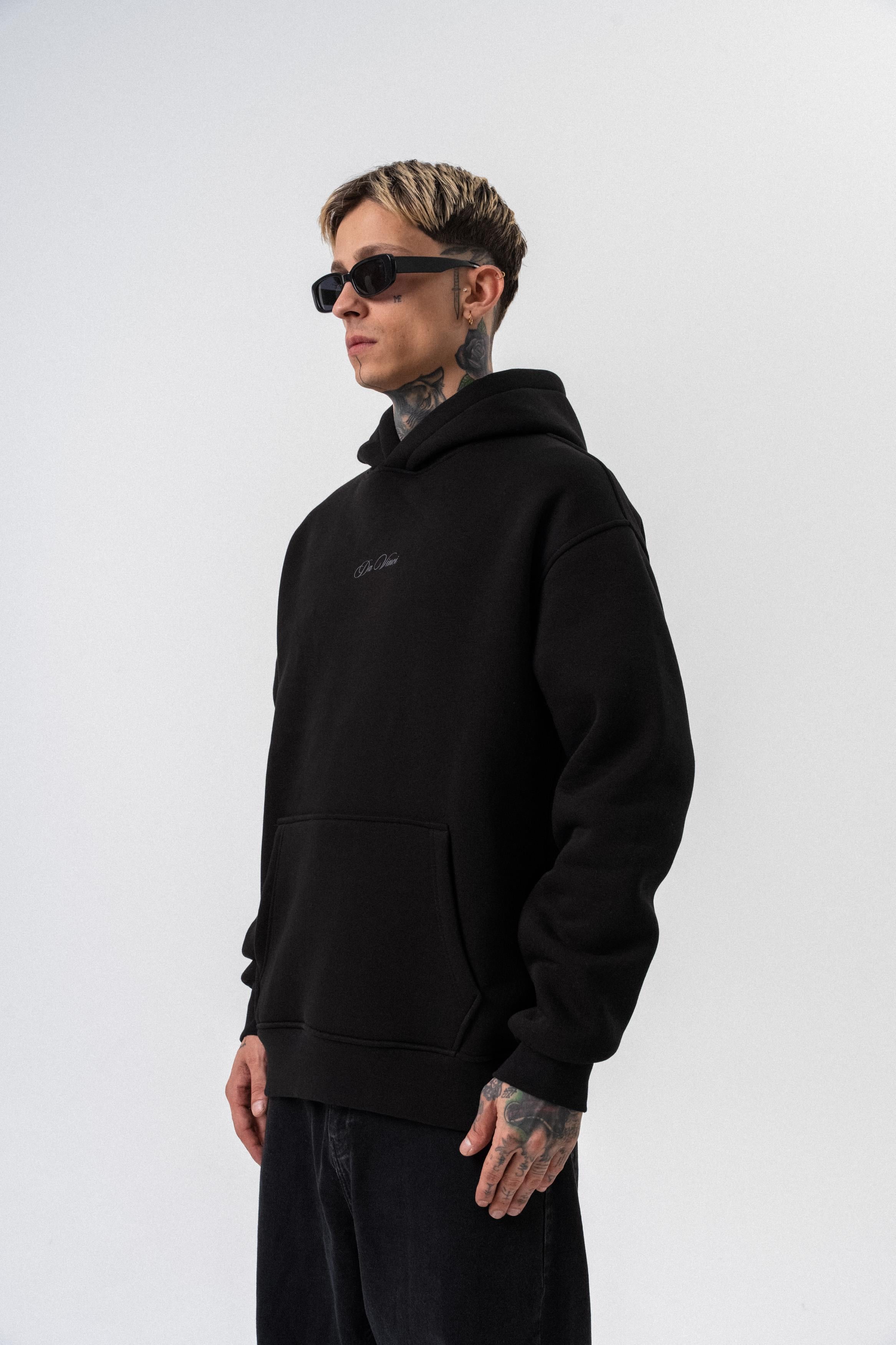 Erkek Da Vinci Baskılı Kapüşonlu Oversize Hoodie Siyah