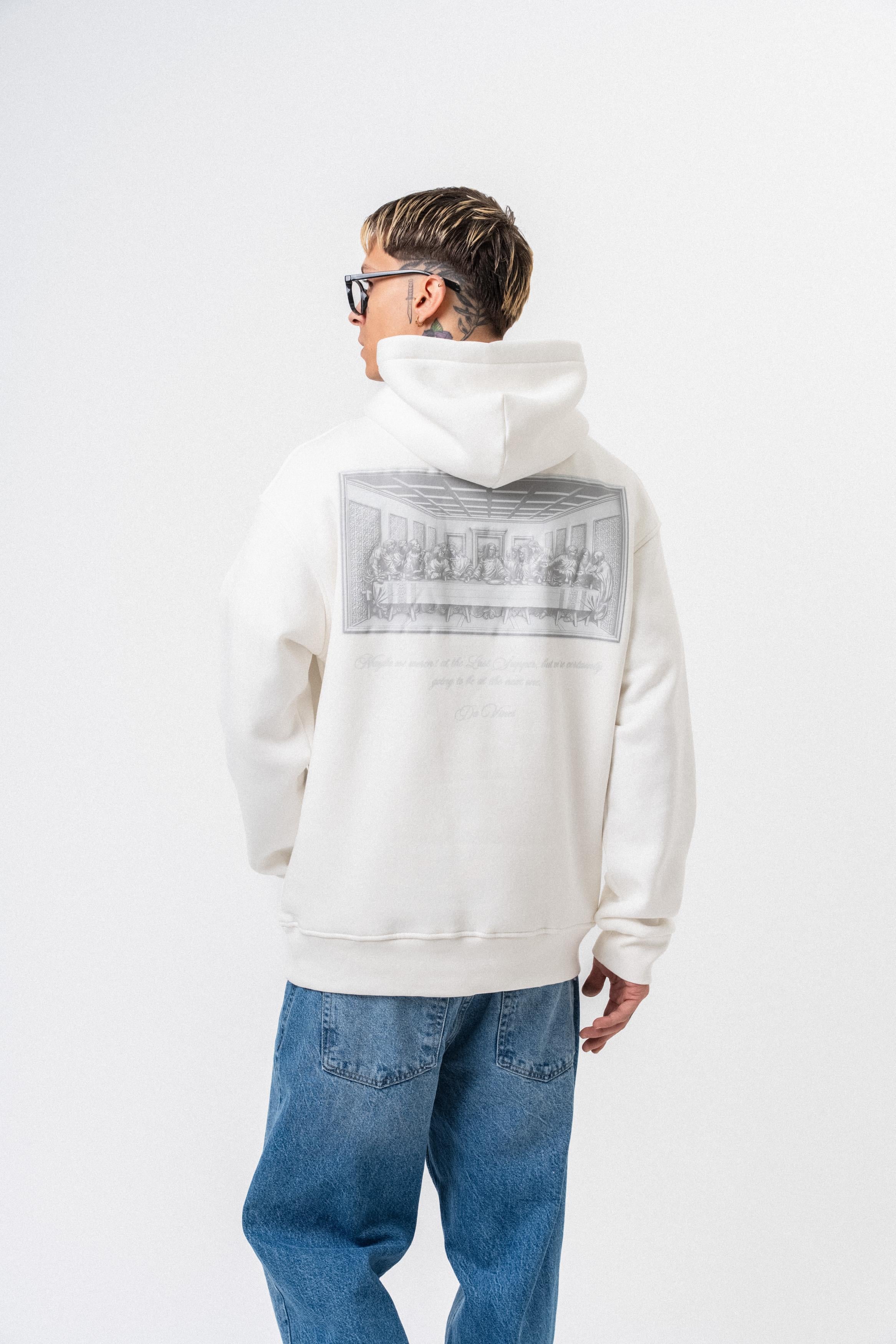 Erkek Da Vinci Baskılı Kapüşonlu Oversize Hoodie Ekru