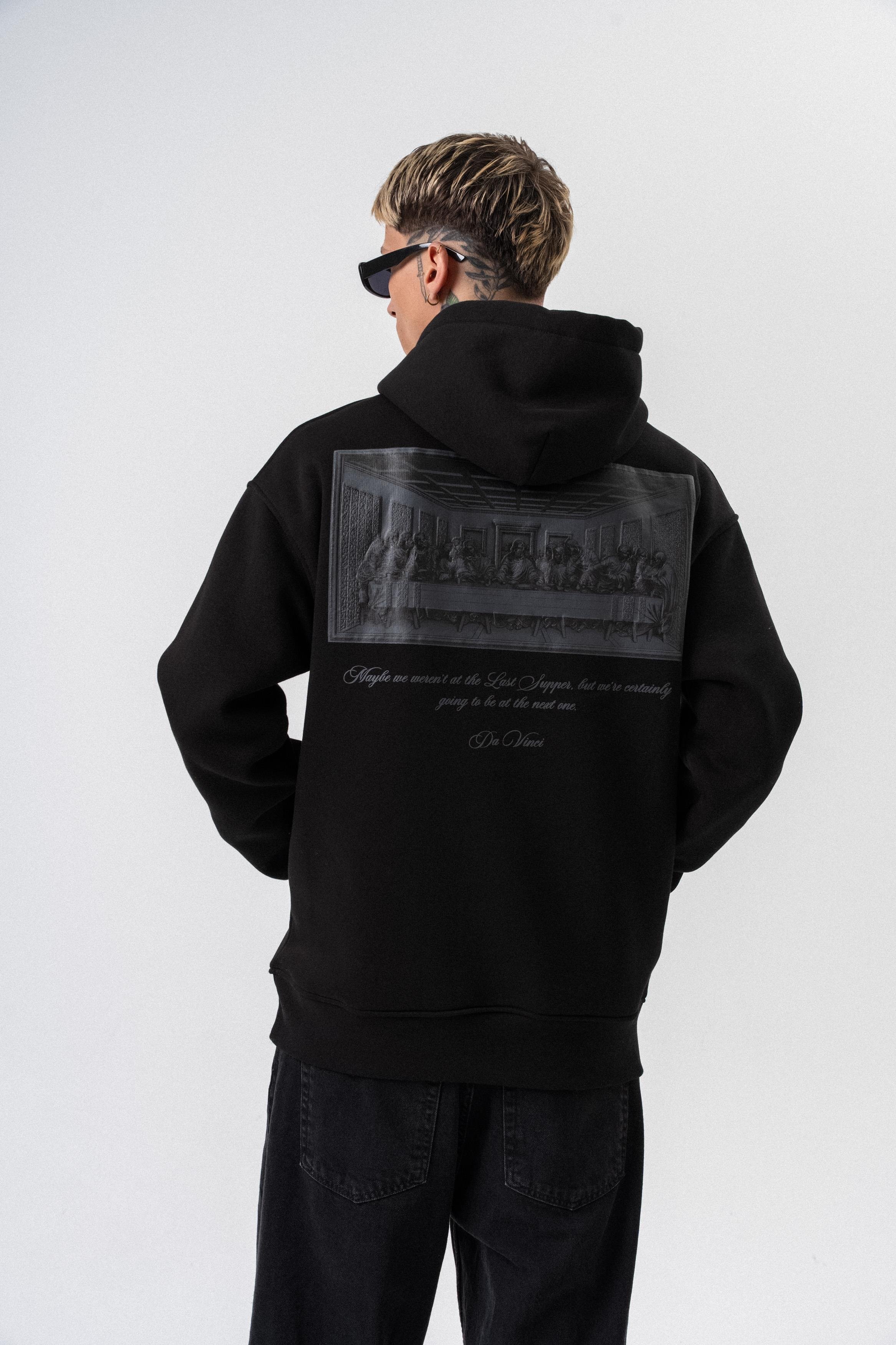 Erkek Da Vinci Baskılı Kapüşonlu Oversize Hoodie Siyah