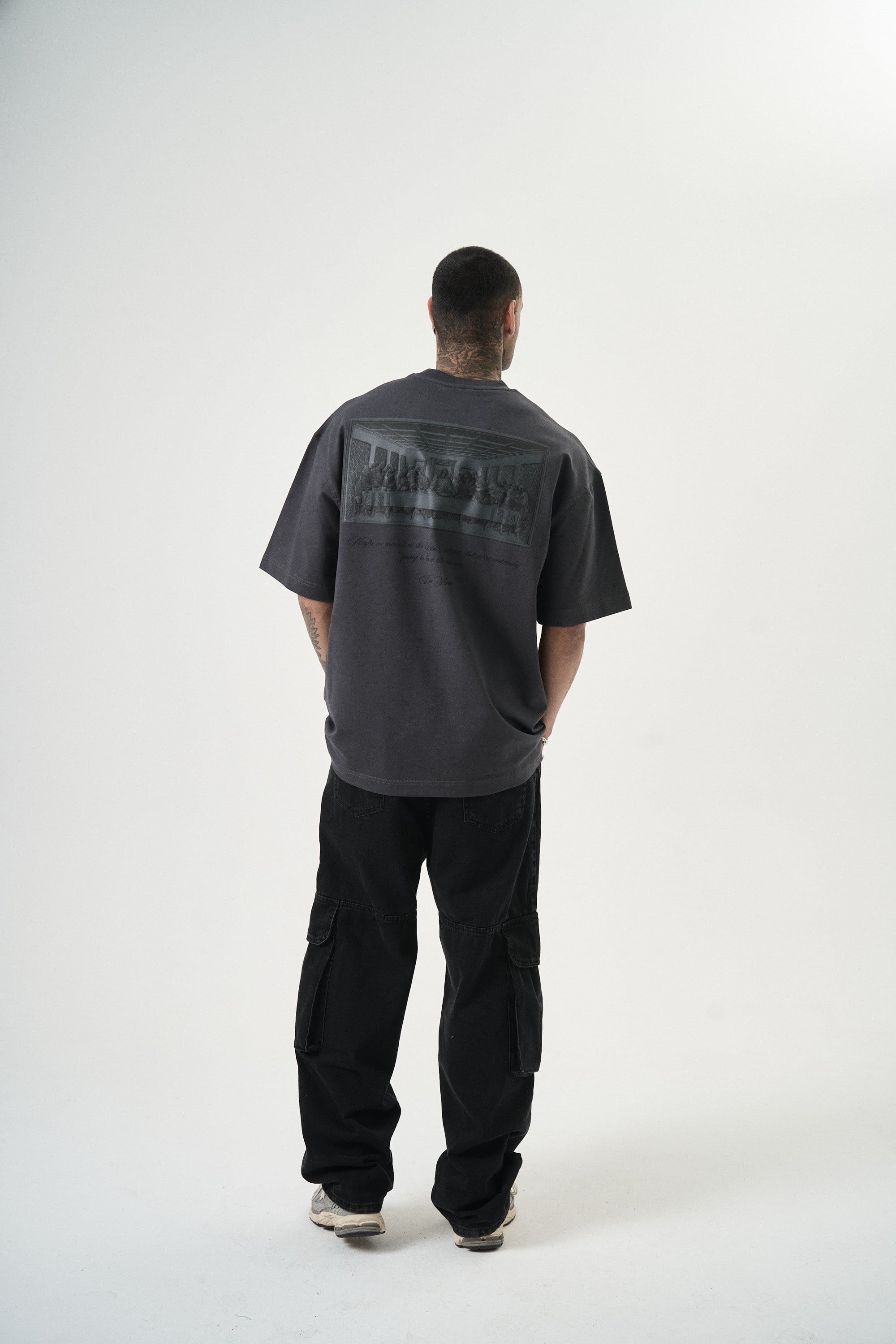 Erkek Da Vinci Baskılı Oversize T-Shirt Füme