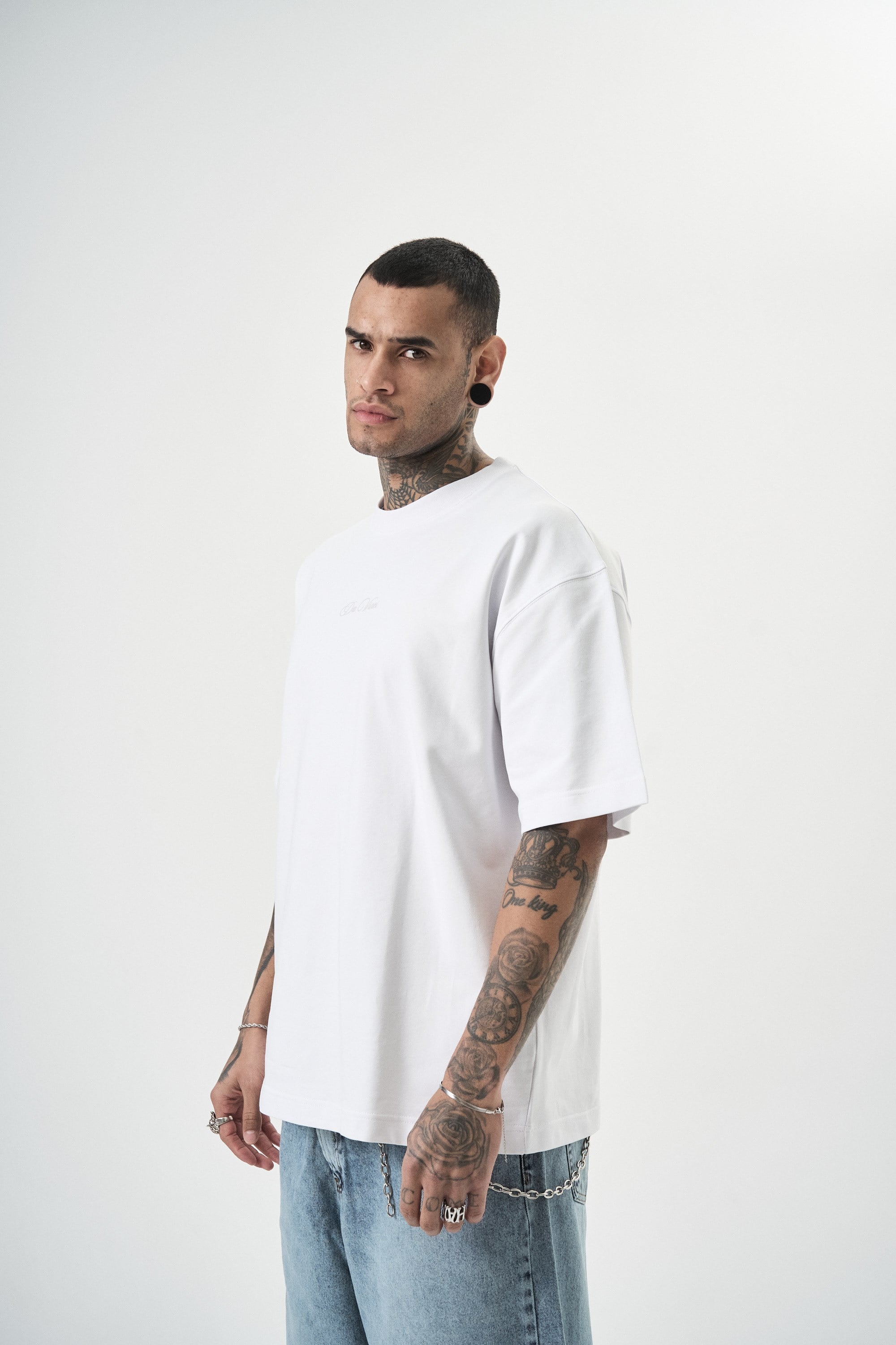 Erkek Da Vinci Baskılı Oversize T-Shirt Beyaz
