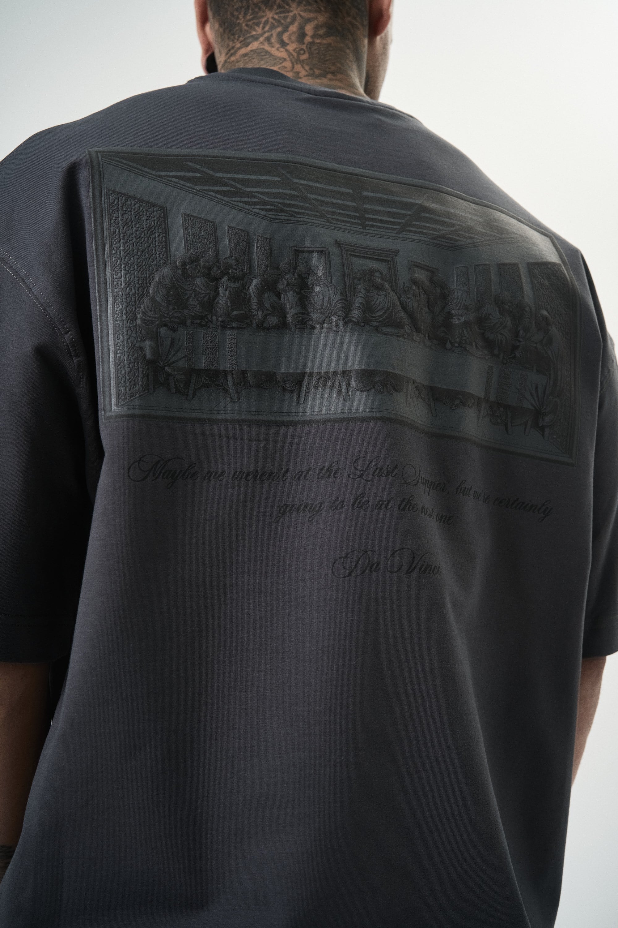 Erkek Da Vinci Baskılı Oversize T-Shirt Füme