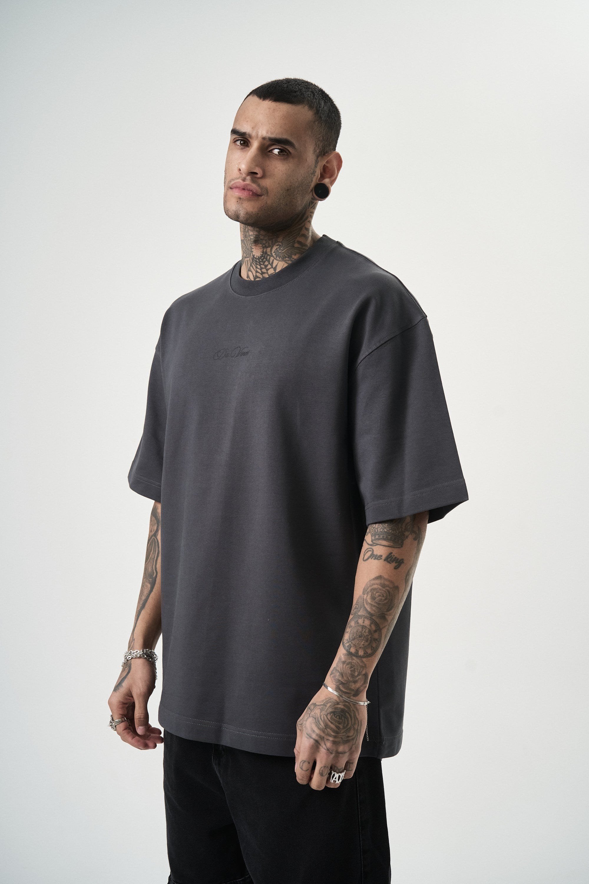 Erkek Da Vinci Baskılı Oversize T-Shirt Füme
