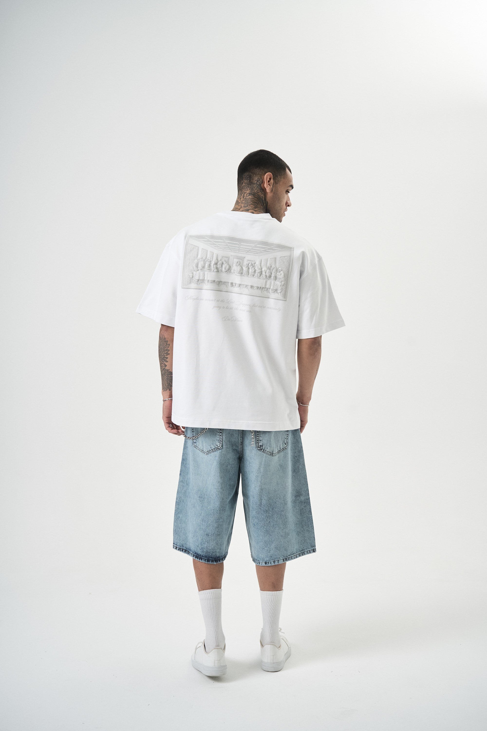 Erkek Da Vinci Baskılı Oversize T-Shirt Beyaz