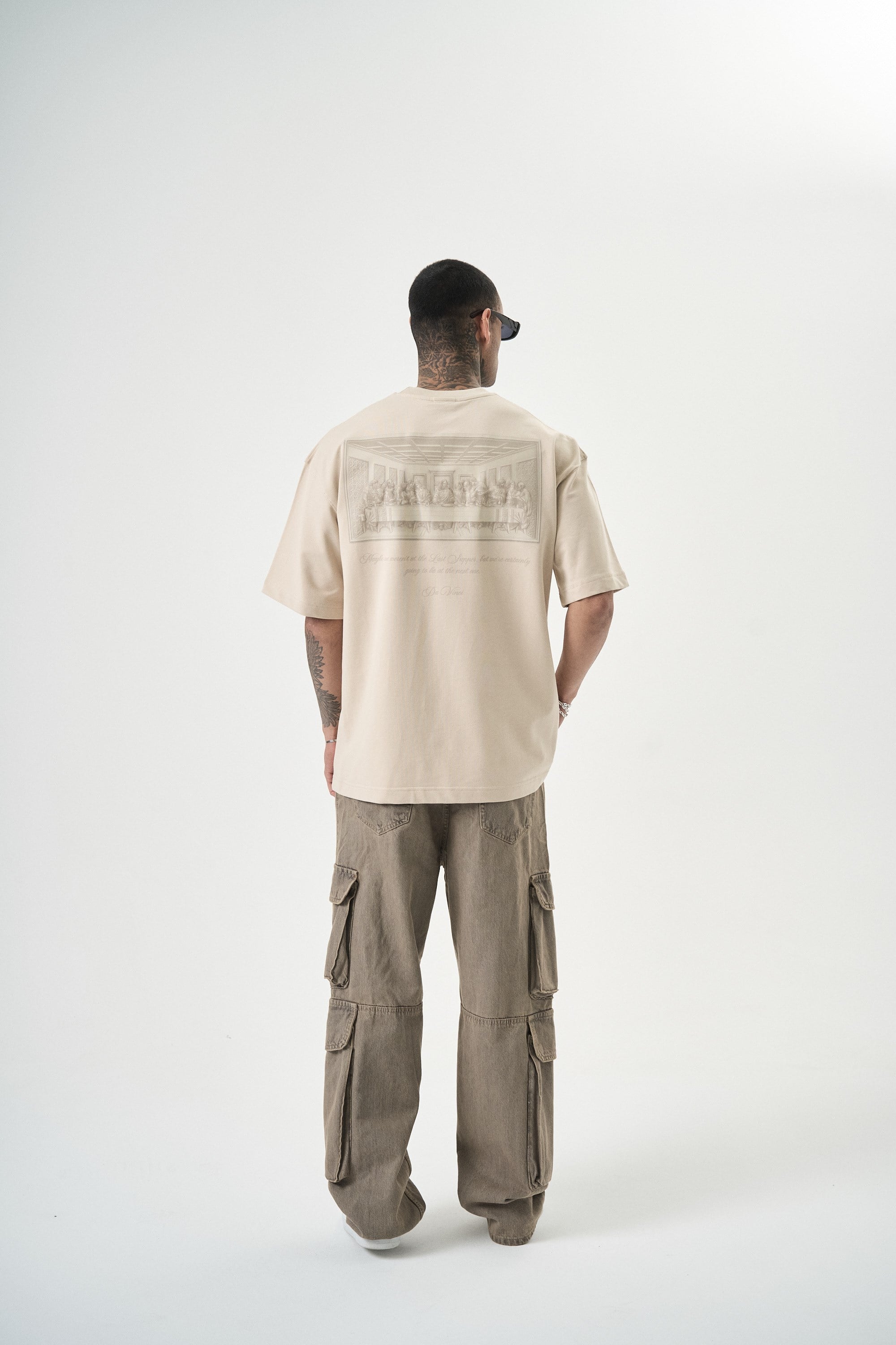 Erkek Da Vinci Baskılı Oversize T-Shirt Bej