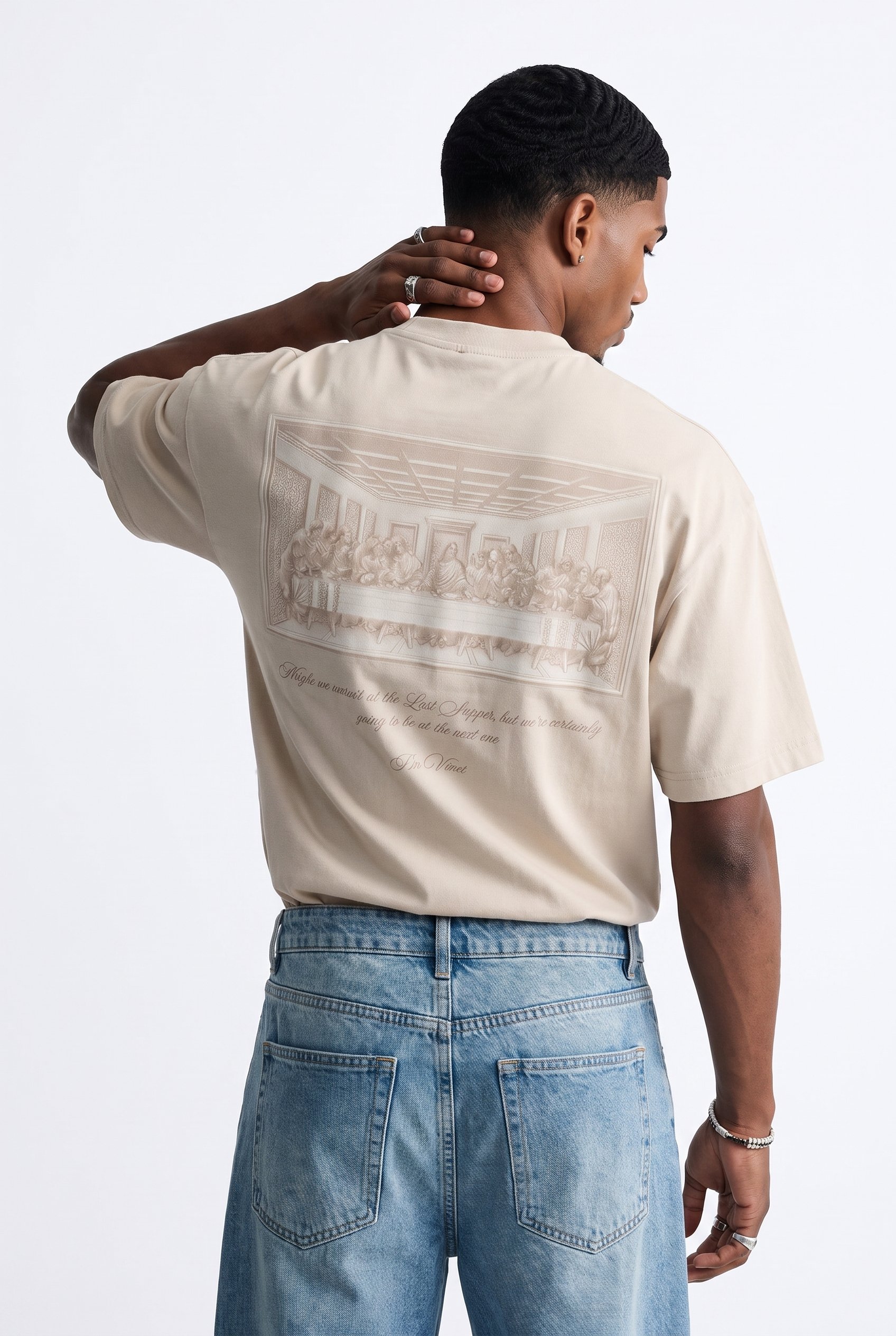 Erkek Da Vinci The Last Supper Baskılı Oversize T-Shirt Bej