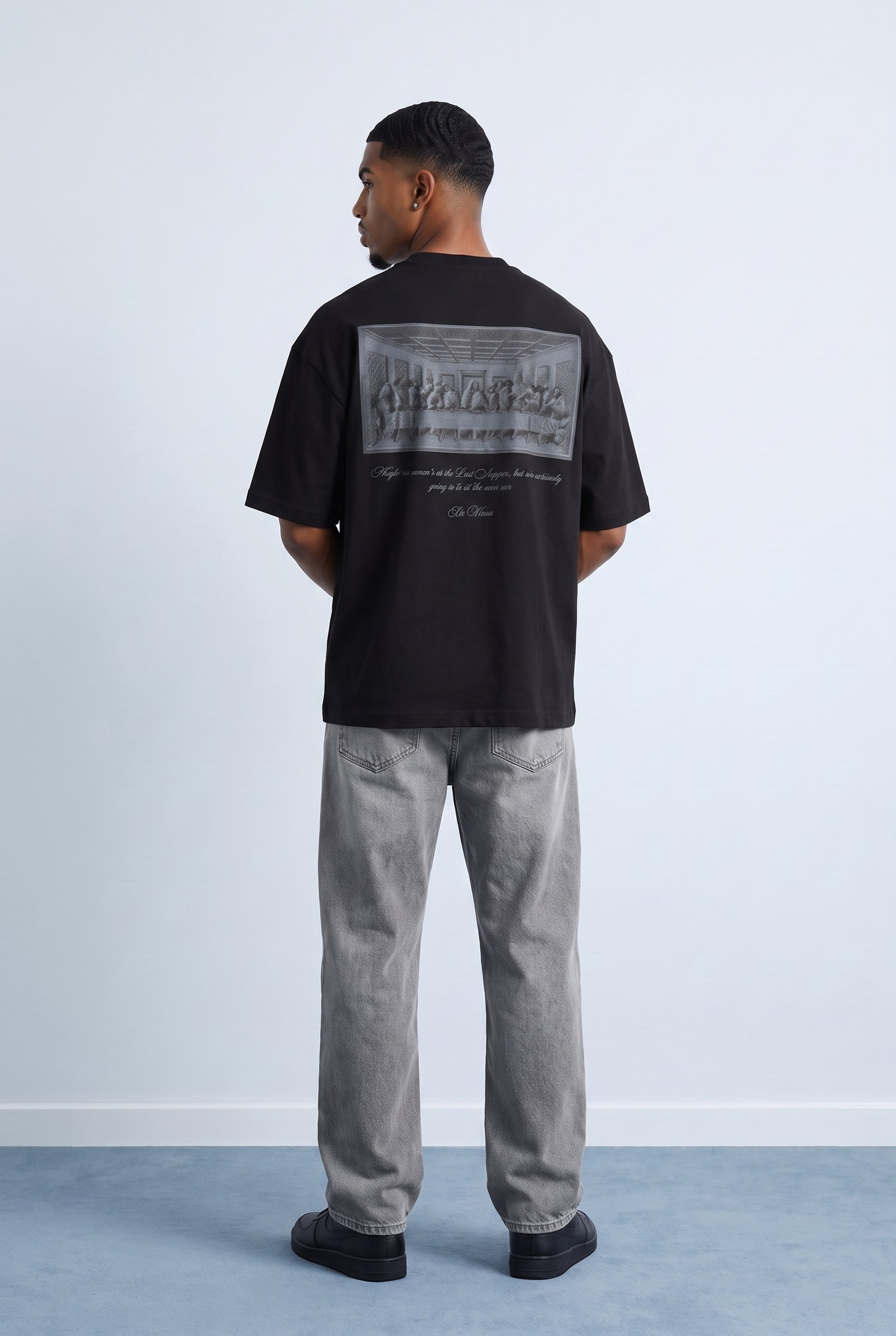 Erkek Da Vinci The Last Supper Baskılı Oversize T-Shirt Siyah
