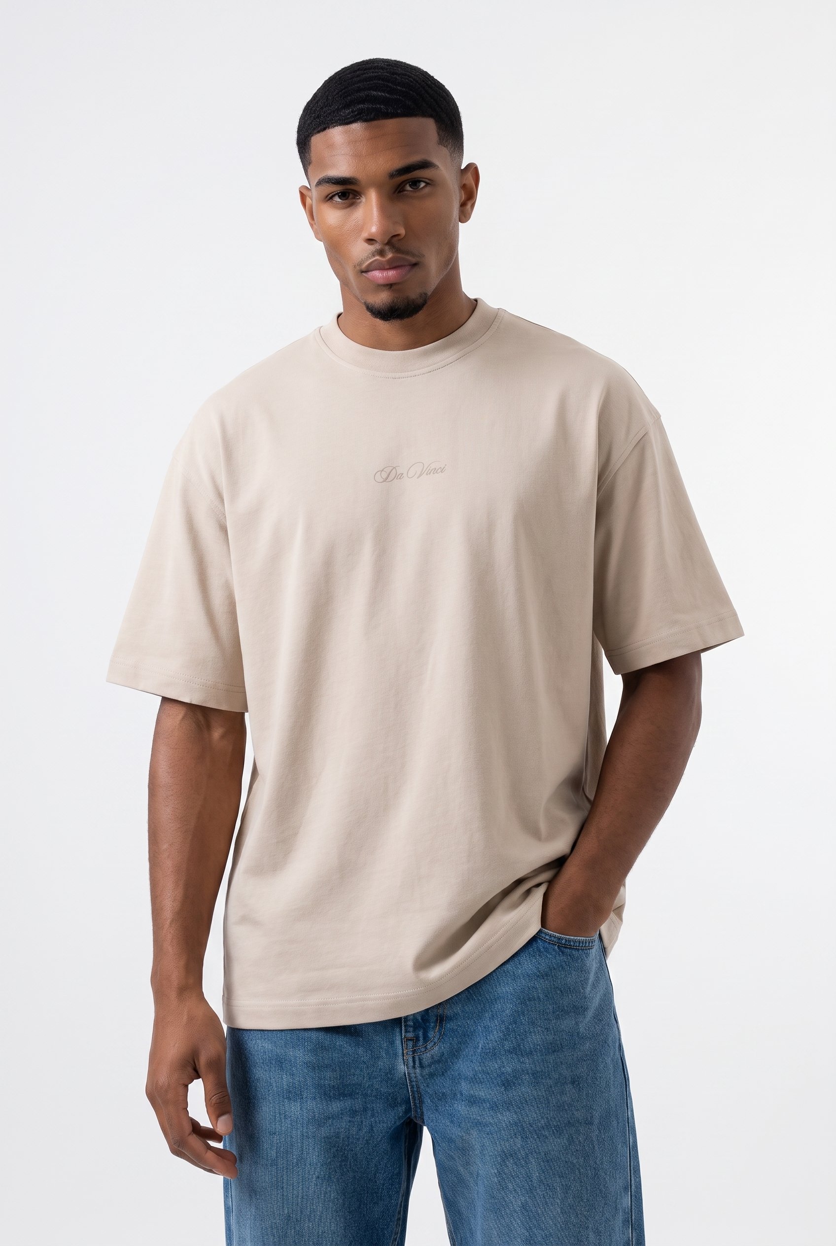 Erkek Da Vinci The Last Supper Baskılı Oversize T-Shirt Bej