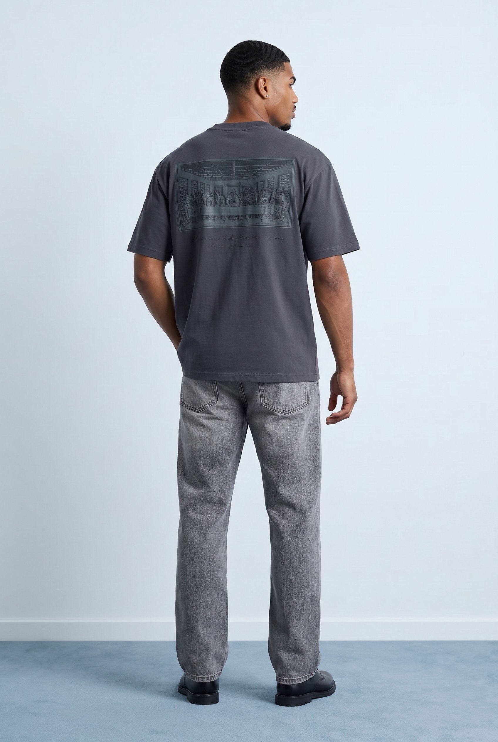 Erkek Da Vinci The Last Supper Baskılı Oversize T-Shirt Füme