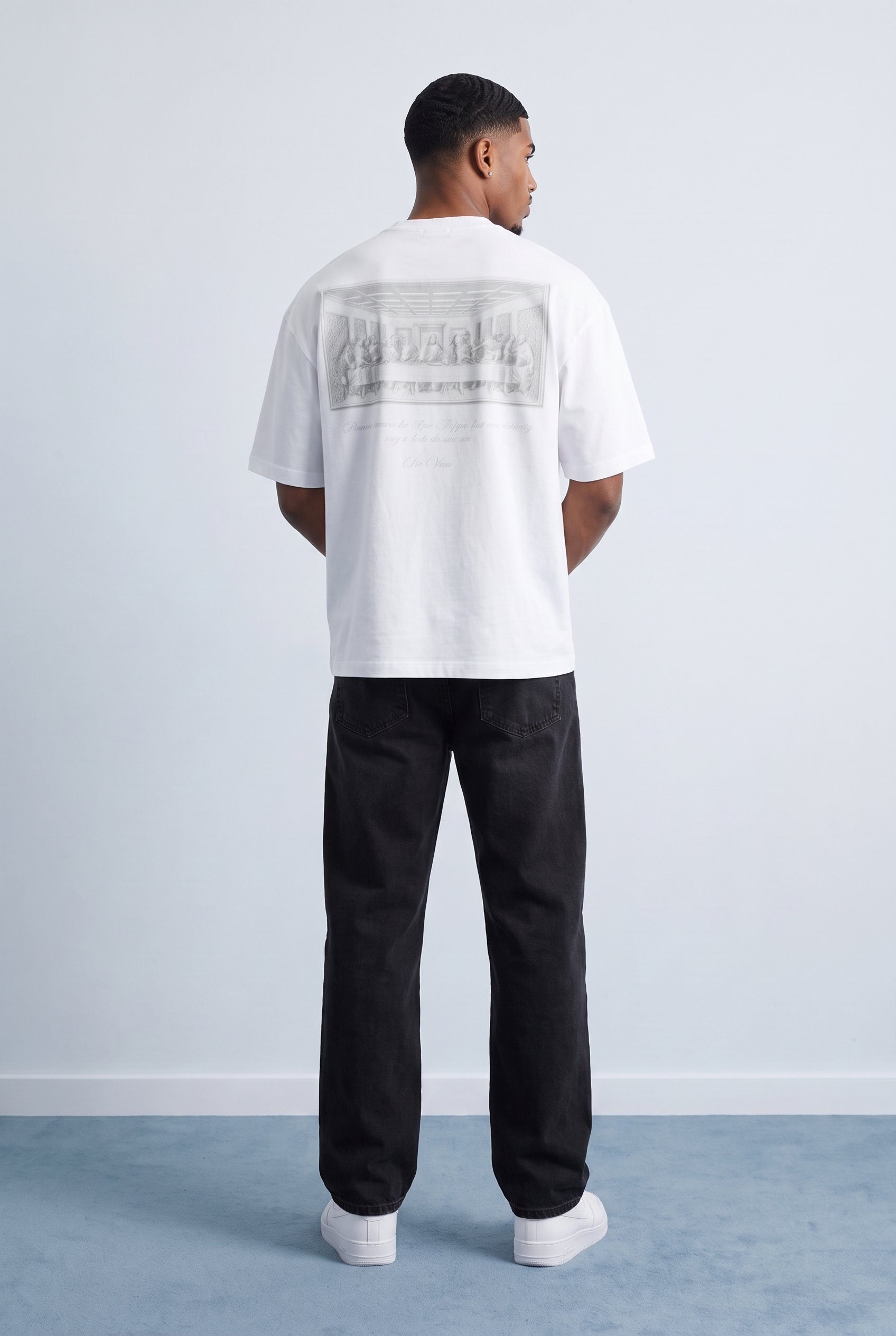 Erkek Da Vinci The Last Supper Baskılı Oversize T-Shirt Beyaz