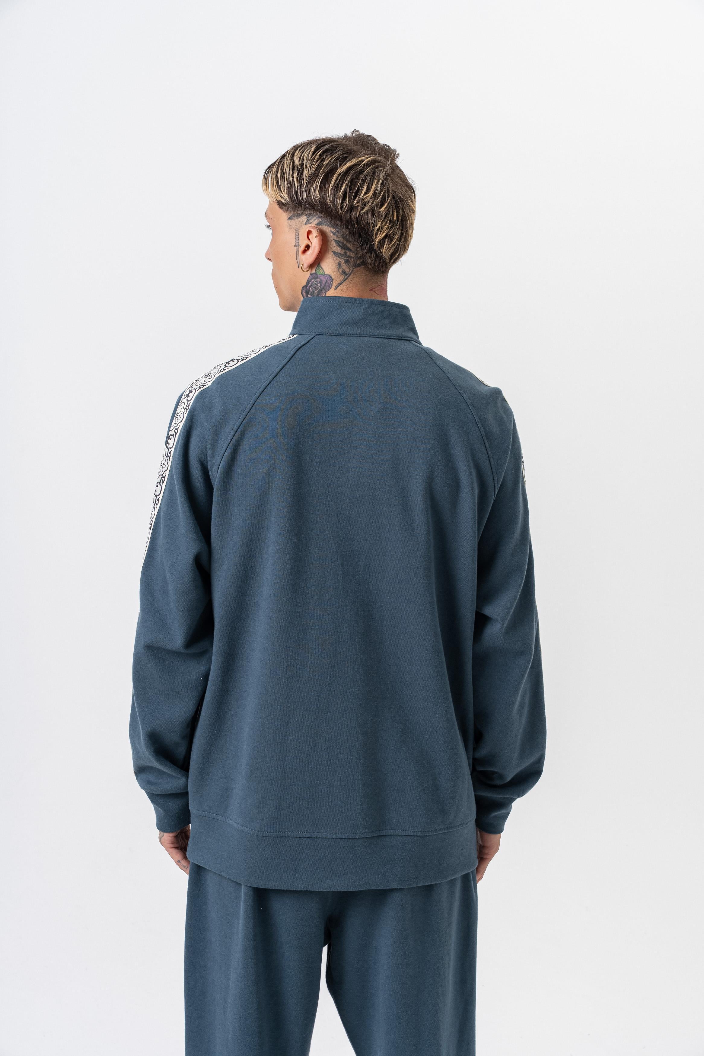 Erkek Damask Şerit Detaylı Dik Yaka Doubleface Zip Oversize Sweatshirt Petrol