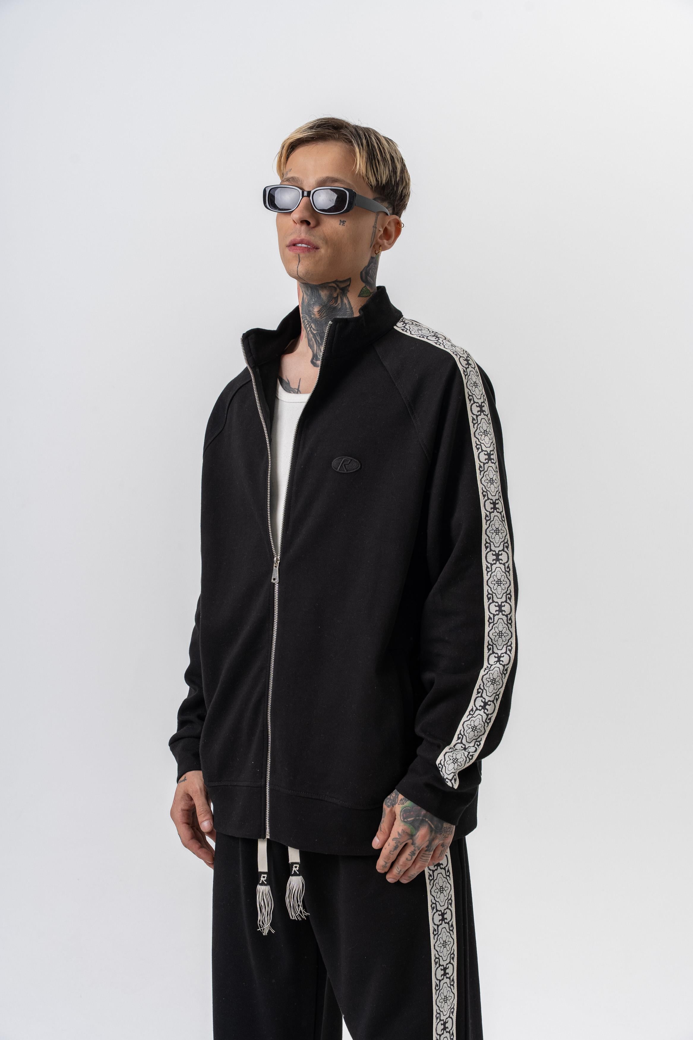 Erkek Damask Şerit Detaylı Dik Yaka Doubleface Zip Oversize Sweatshirt Siyah