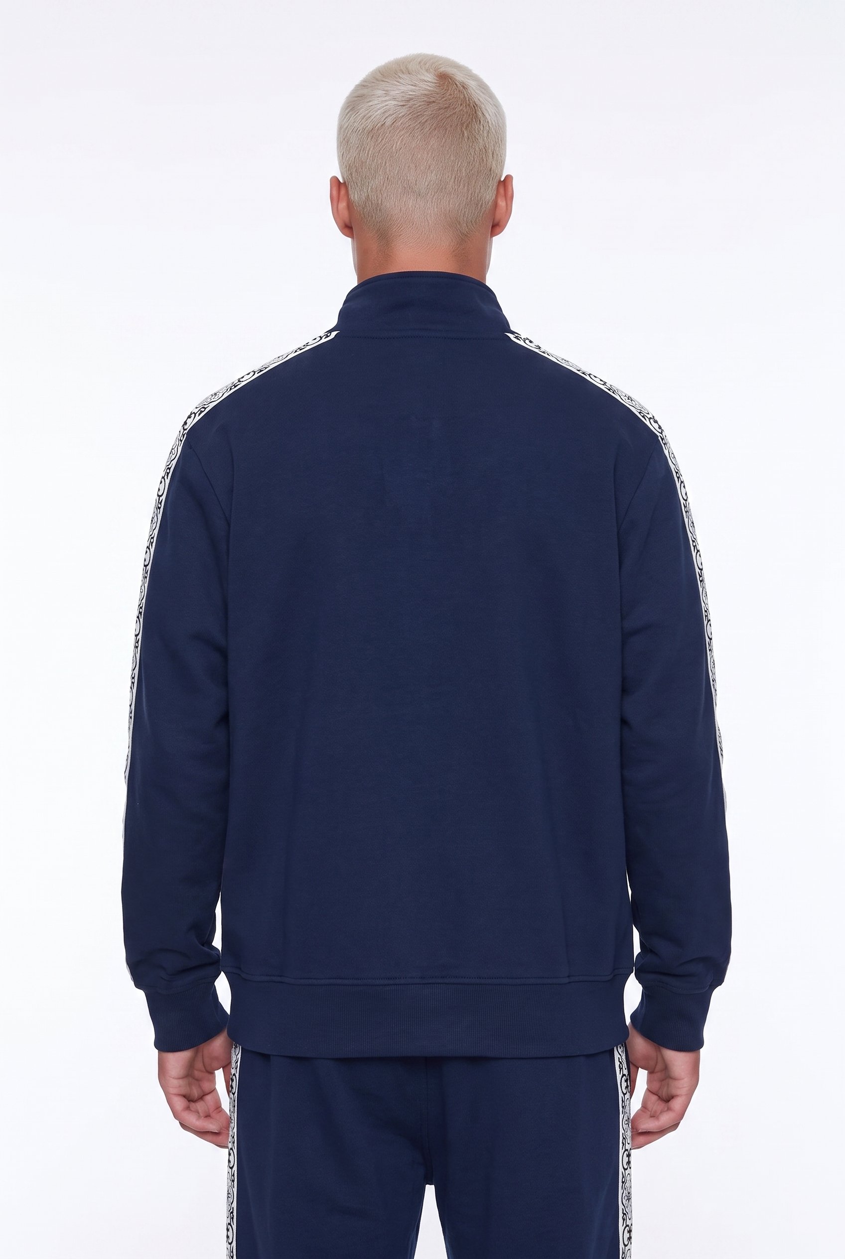Erkek Damask Şerit Detaylı Dik Yaka Doubleface Zip Oversize Sweatshirt Lacivert