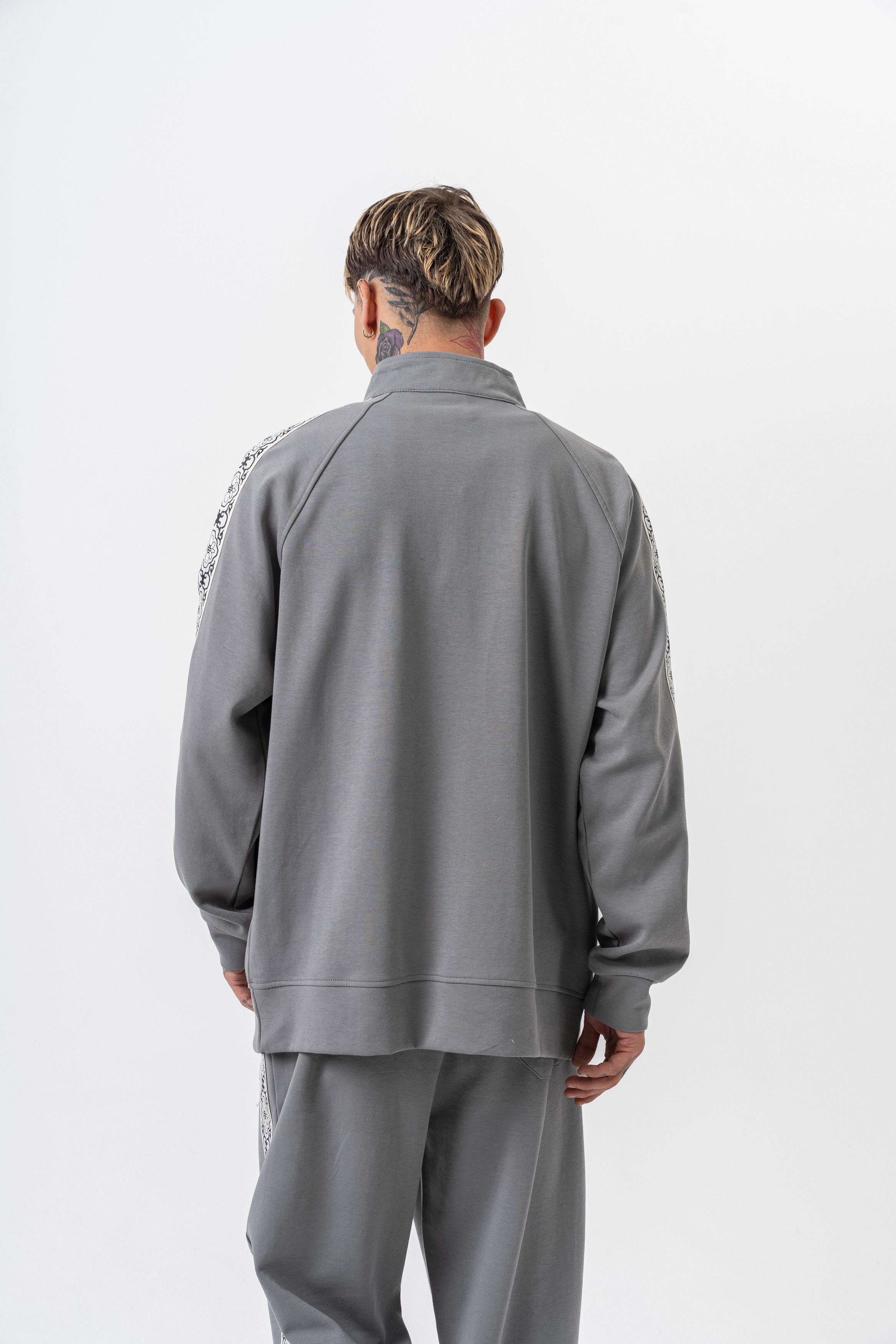 Erkek Damask Şerit Detaylı Dik Yaka Doubleface Zip Oversize Sweatshirt Füme