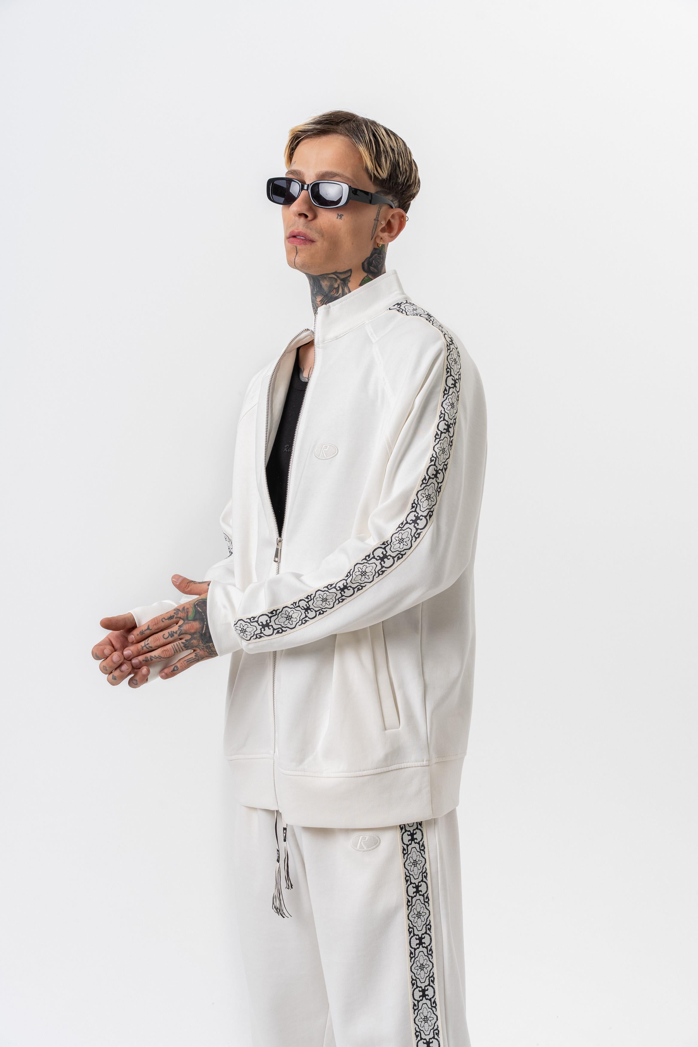 Erkek Damask Şerit Detaylı Dik Yaka Doubleface Zip Oversize Sweatshirt Ekru