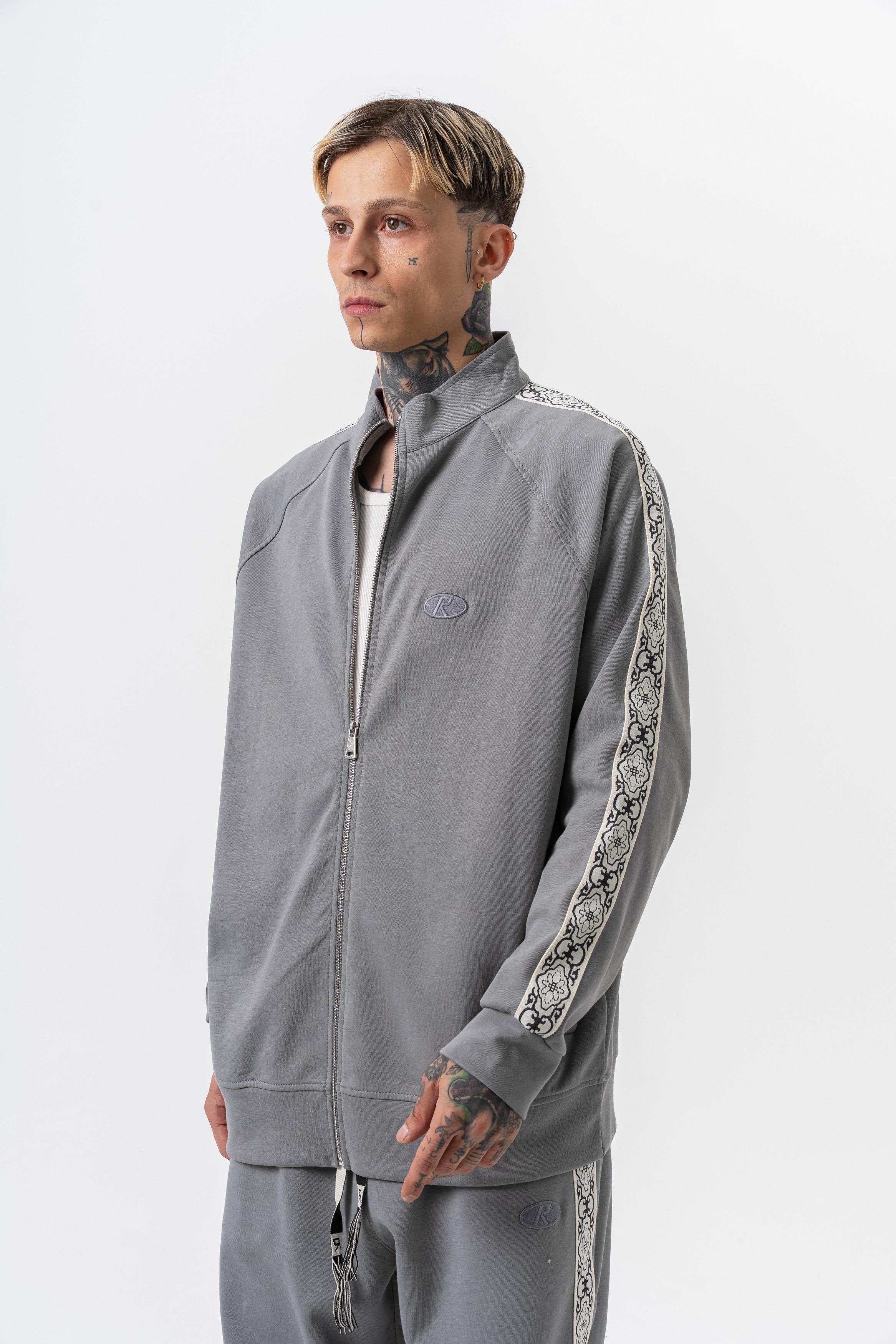 Erkek Damask Şerit Detaylı Dik Yaka Doubleface Zip Oversize Sweatshirt Füme