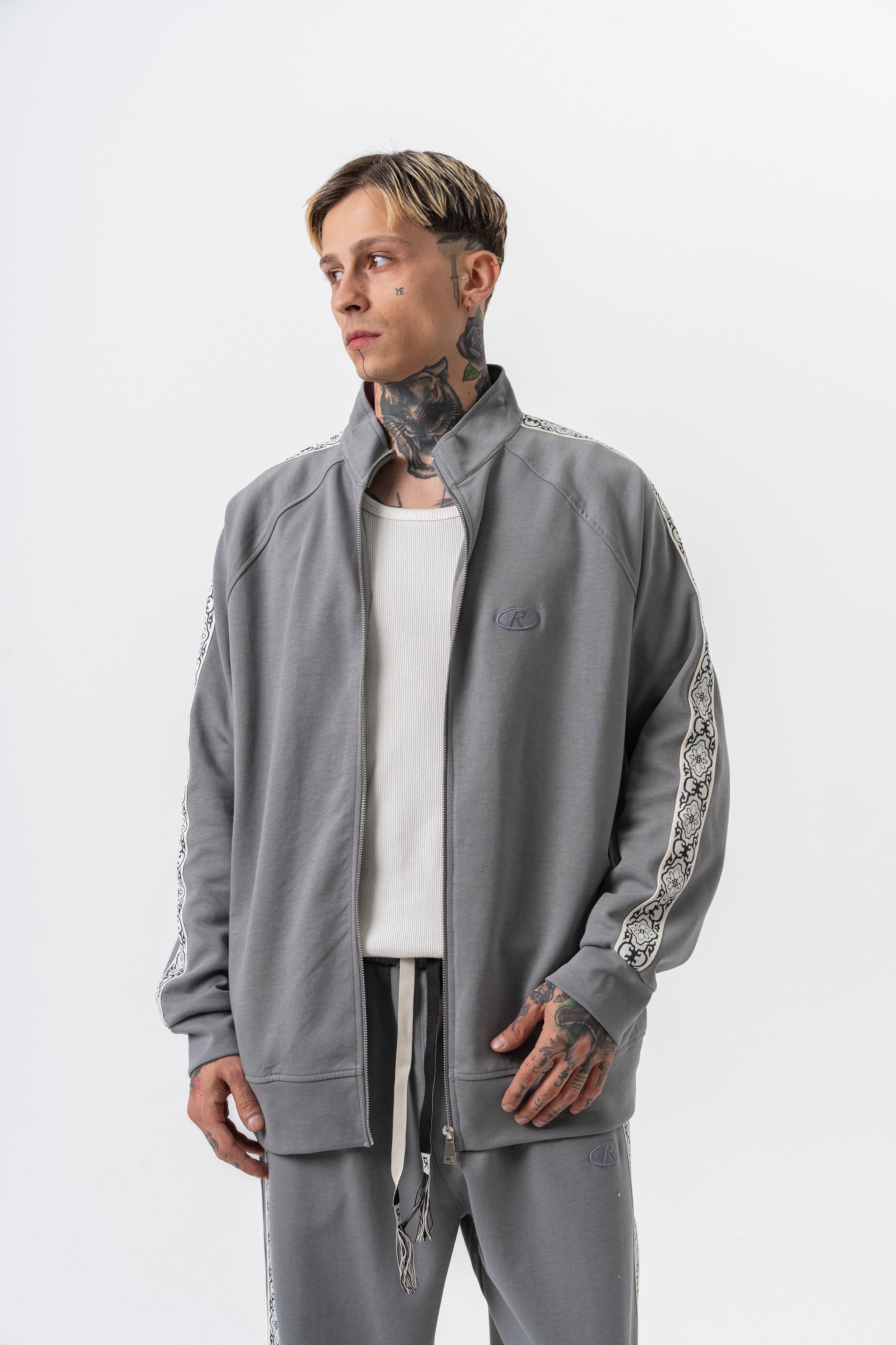 Erkek Damask Şerit Detaylı Dik Yaka Doubleface Zip Oversize Sweatshirt Füme