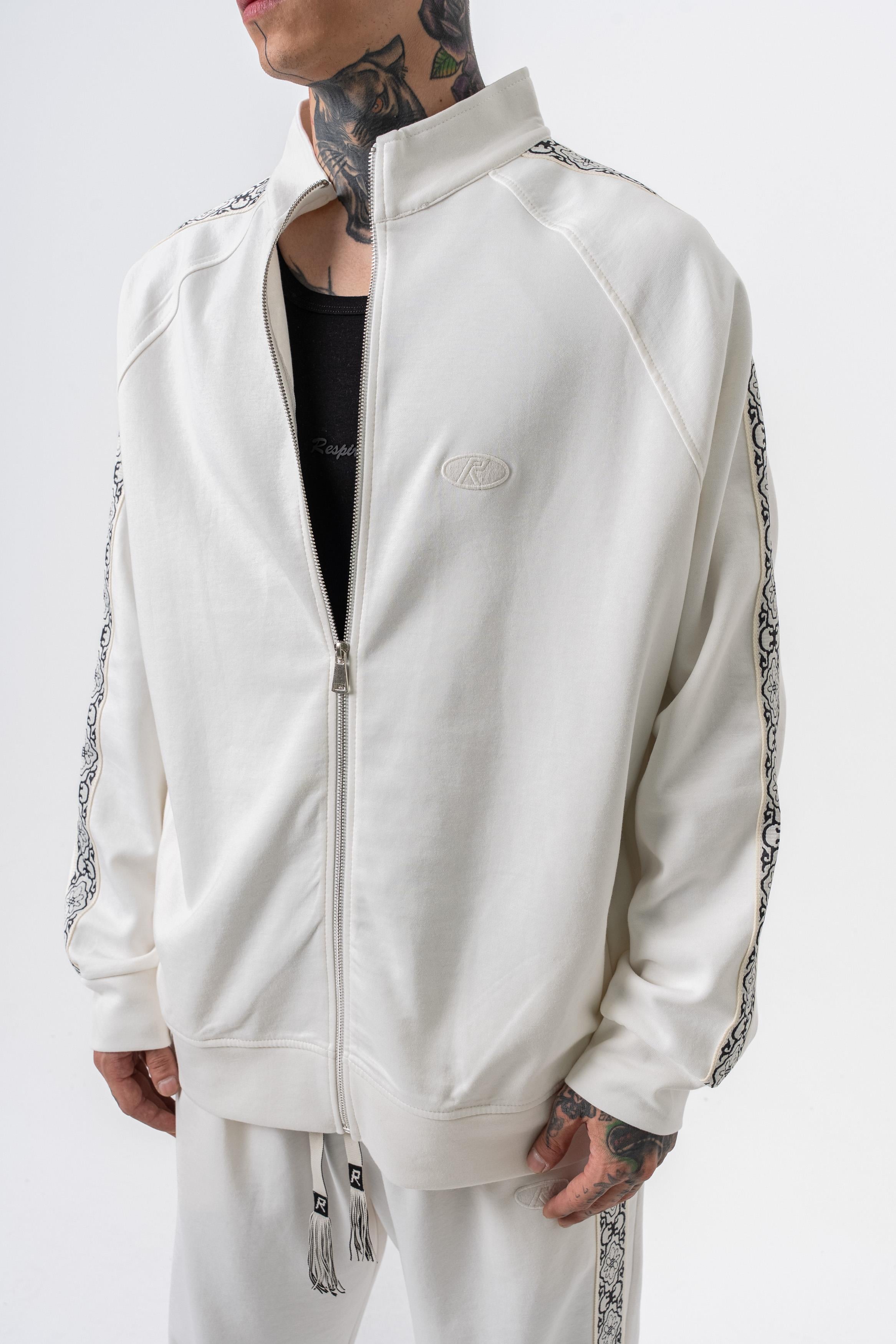 Erkek Damask Şerit Detaylı Dik Yaka Doubleface Zip Oversize Sweatshirt Ekru