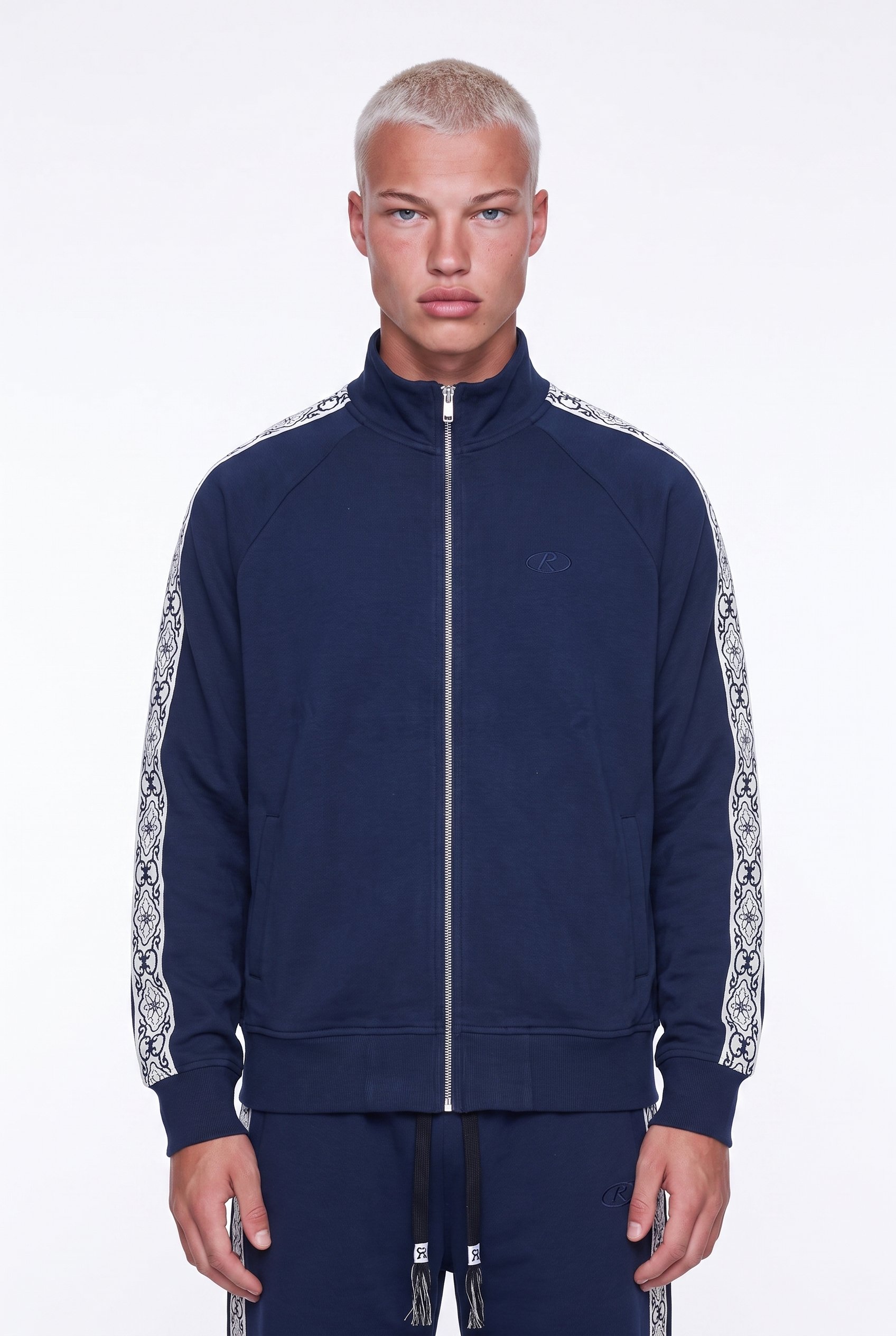 Erkek Damask Şerit Detaylı Dik Yaka Doubleface Zip Oversize Sweatshirt Lacivert