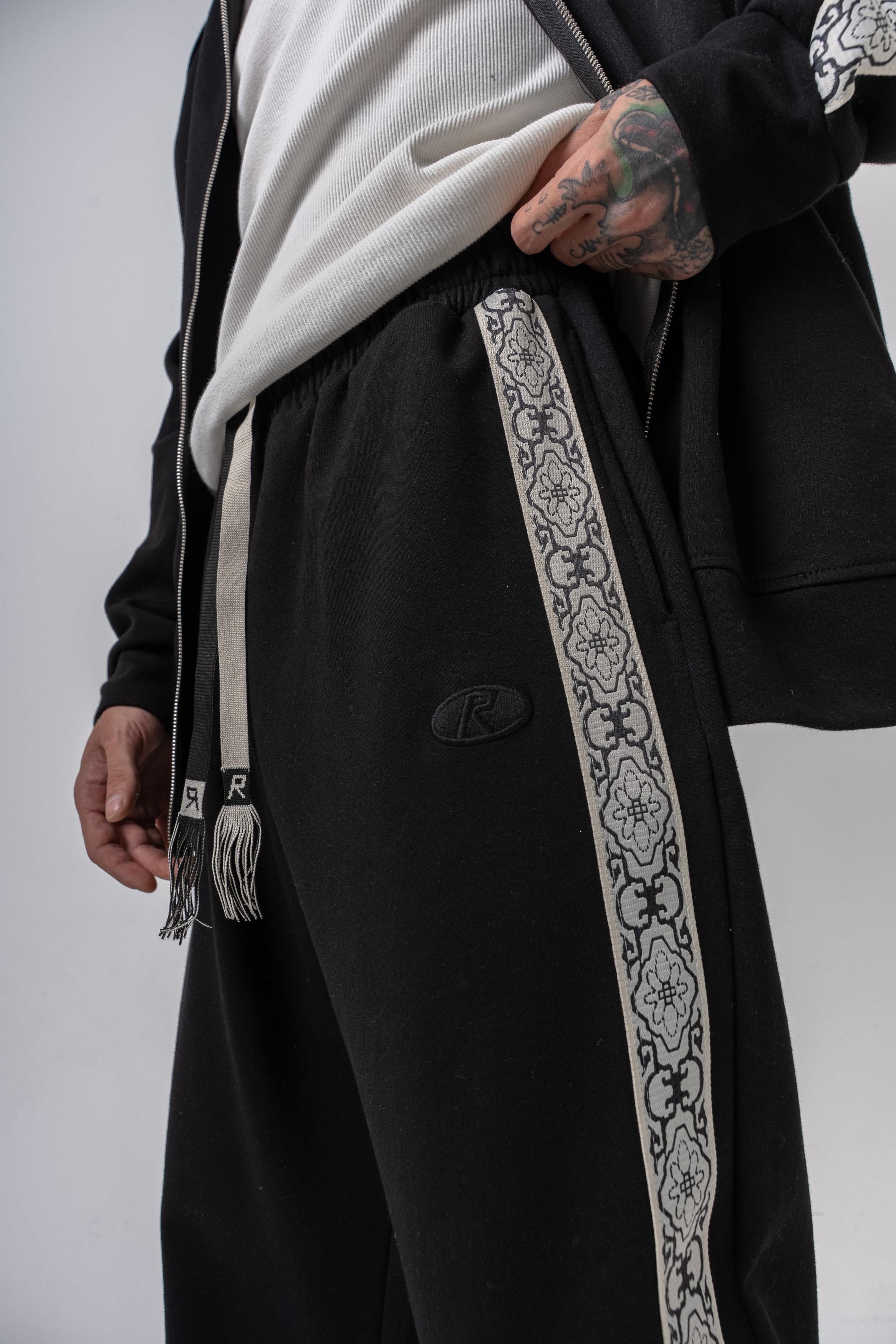 Erkek Damask Şerit Detaylı Kışlık Doubleface Baggy Eşofman Altı Siyah