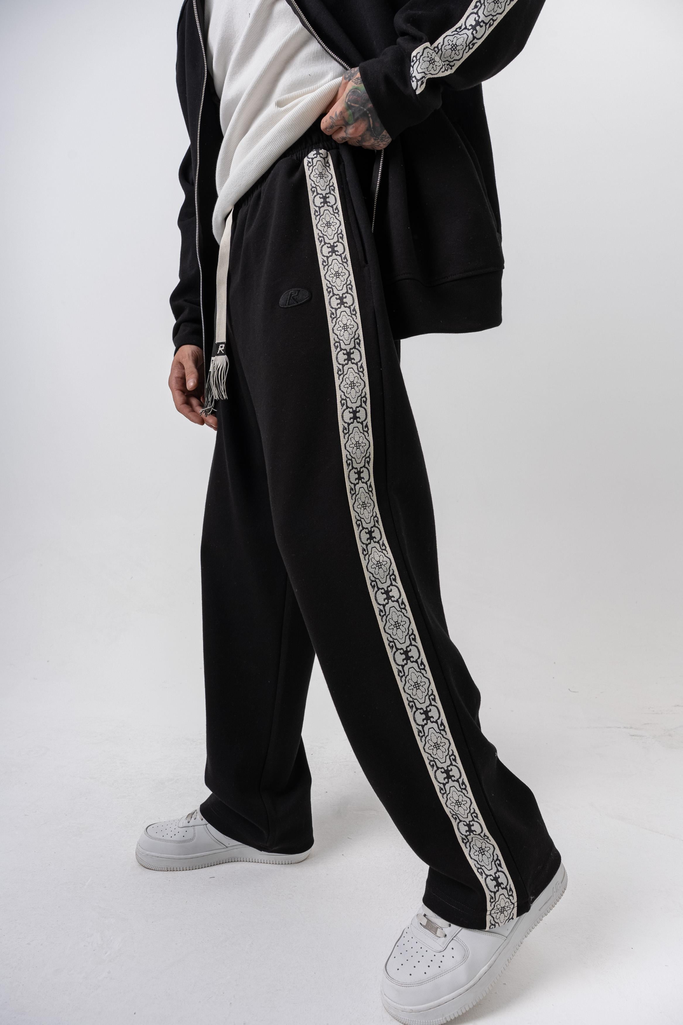 Erkek Damask Şerit Detaylı Kışlık Doubleface Baggy Eşofman Altı Siyah